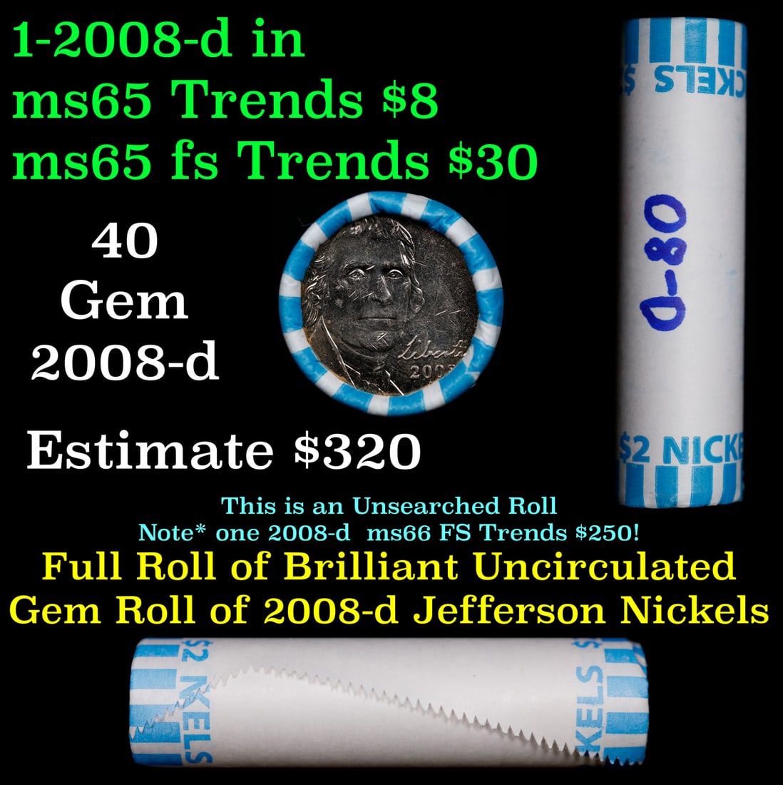 BU Shotgun Jefferson 5c roll, 2008-d 40 pcs Bank $2 Nickel Wrapper: BU Shotgun Jefferson 5c roll, 2008-d 40 pcs Bank $2 Nickel Wrapper.