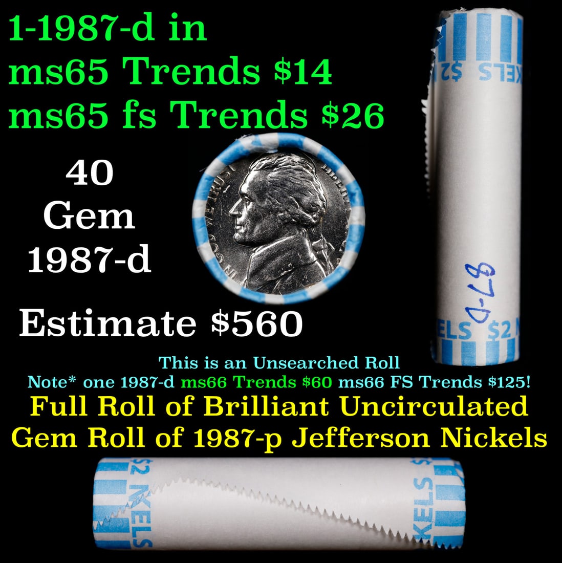 BU Shotgun Jefferson 5c roll, 1987-d 40 pcs Bank $2 Nickel Wrapper: BU Shotgun Jefferson 5c roll, 1987-d 40 pcs Bank $2 Nickel Wrapper.