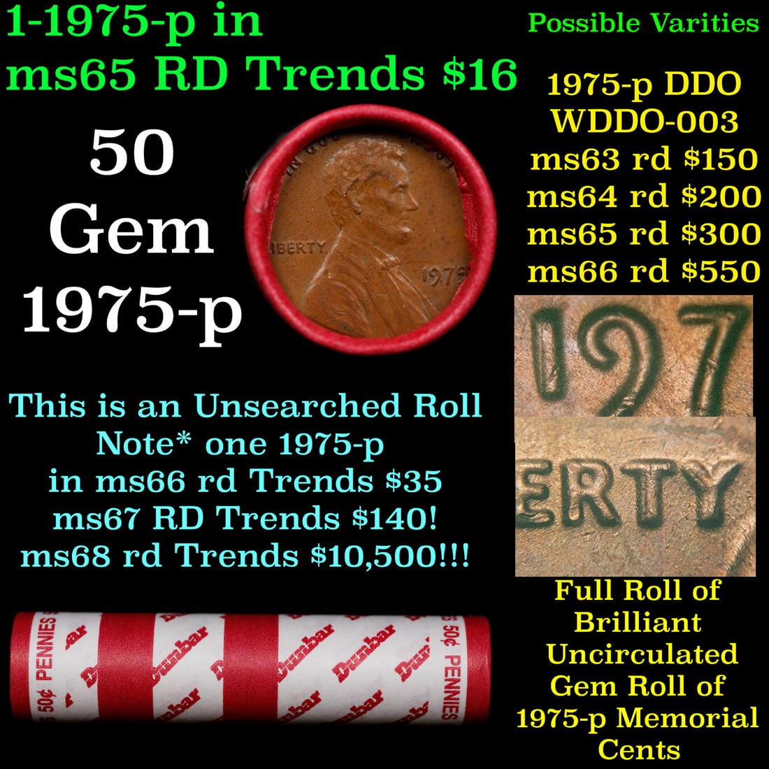 BU Shotgun Lincoln 1c roll, 1975-p 50 pcs Dunbar Wrapper 50c: BU Shotgun Lincoln 1c roll, 1975-p 50 pcs Dunbar Wrapper 50c. A terrific Shotgun roll of Lincoln cents in a Dunbar wrapper. Most if not all coins should be cherry red.