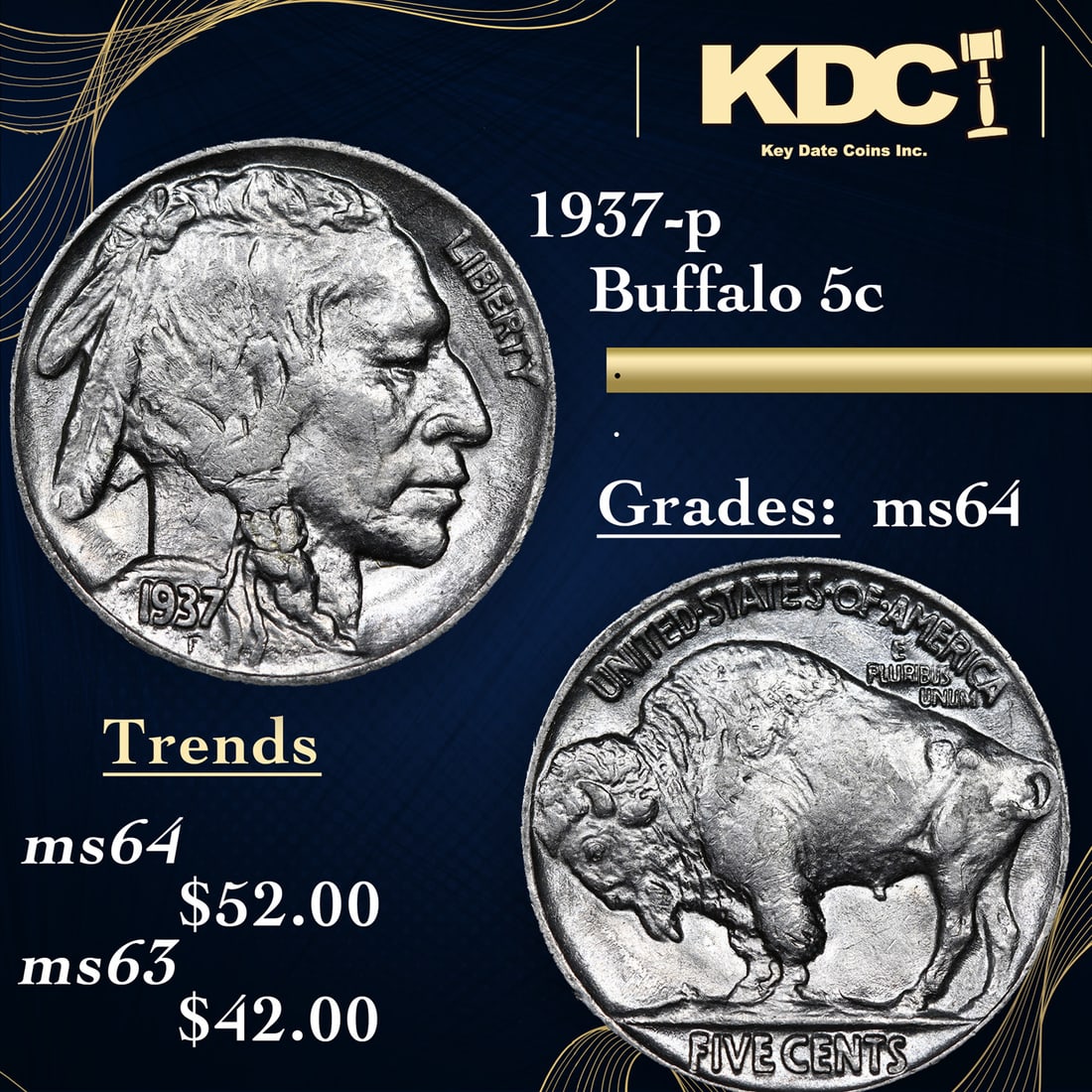 1937-p Buffalo Nickel 5c Grades Choice Unc (1 of 3)