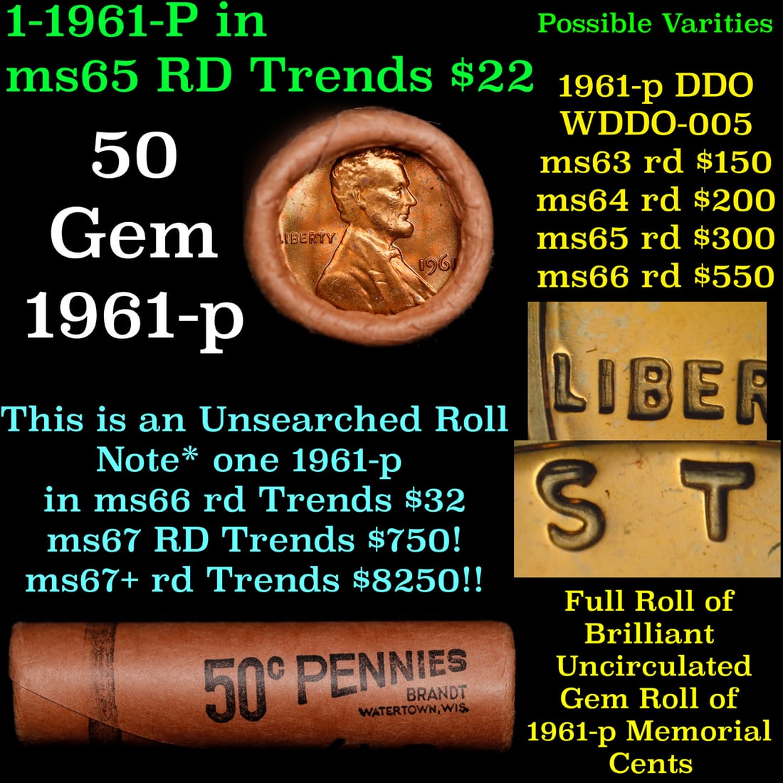 BU Shotgun Lincoln 1c roll, 1961-p 50 pcs Bank Wrapper 50c: BU Shotgun Lincoln 1c roll, 1961-p 50 pcs Bank Wrapper 50c. A terrific Shotgun roll of Lincoln cents in a Bank wrapper. Most if not all coins should be cherry red.