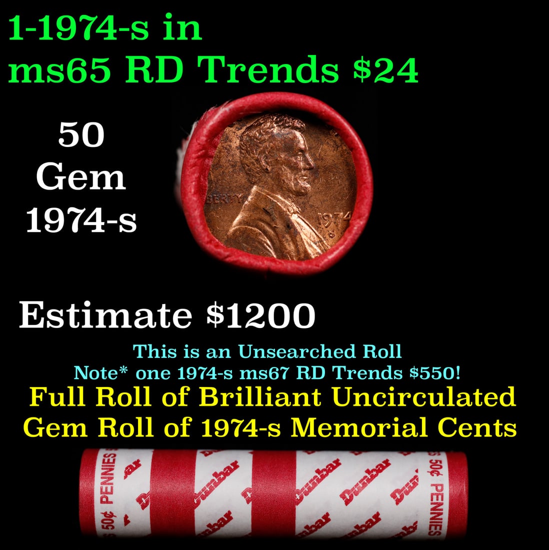 BU Shotgun Lincoln 1c roll, 1974-s 50 pcs Dunbar Wrapper 50c: BU Shotgun Lincoln 1c roll, 1974-s 50 pcs Dunbar Wrapper 50c. A terrific Shotgun roll of Lincoln cents in a Dunbar wrapper. Most if not all coins should be cherry red.