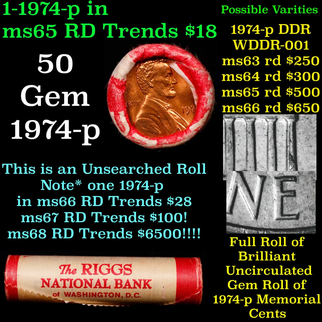 BU Shotgun Lincoln 1c roll, 1974-p 50 pcs Bank Wrapper 50c: BU Shotgun Lincoln 1c roll, 1974-p 50 pcs Bank Wrapper 50c. A terrific Shotgun roll of Lincoln cents in a Bank wrapper. Most if not all coins should be cherry red.