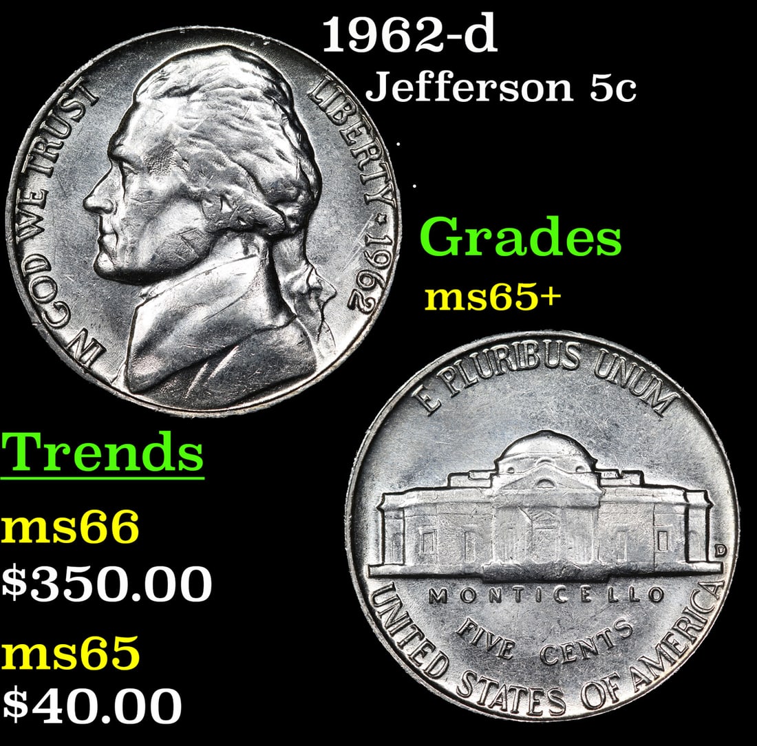 1962-d Jefferson Nickel 5c Grades GEM+ Unc: 1962-d Jefferson Nickel 5c Grades GEM+ Unc.