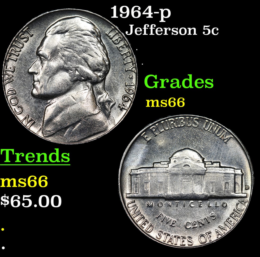 1964-p Jefferson Nickel 5c Grades GEM+ Unc: 1964-p Jefferson Nickel 5c Grades GEM+ Unc.