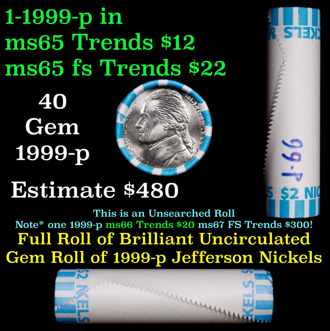BU Shotgun Jefferson 5c roll, 1999-p 40 pcs Bank $2 Nickel Wrapper: BU Shotgun Jefferson 5c roll, 1999-p 40 pcs Bank $2 Nickel Wrapper.
