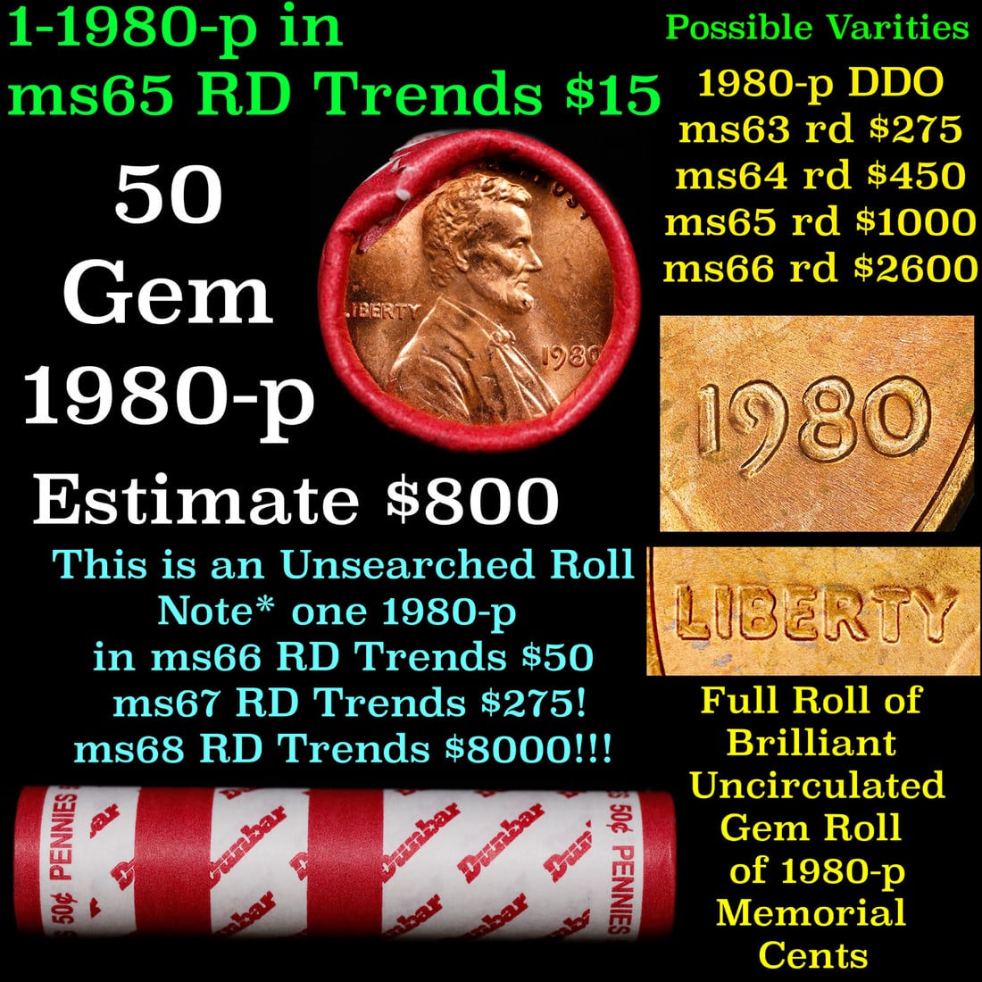 BU Shotgun Lincoln 1c roll, 1980-p 50 pcs Dunbar Wrapper 50c: BU Shotgun Lincoln 1c roll, 1980-p 50 pcs Dunbar Wrapper 50c. A terrific Shotgun roll of Lincoln cents in a Dunbar wrapper. Most if not all coins should be cherry red.