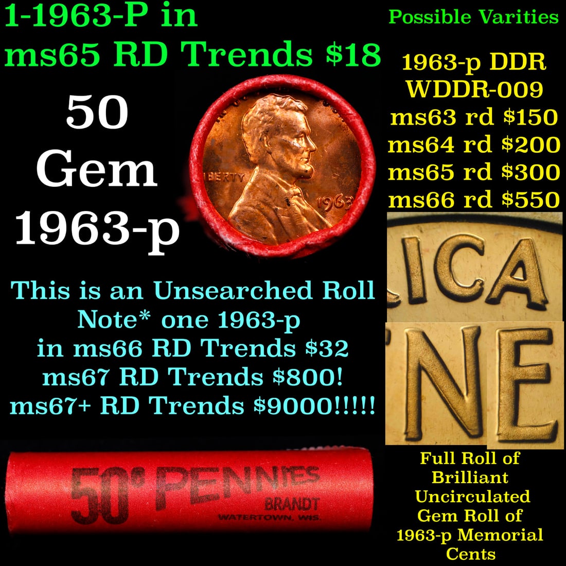 BU Shotgun Lincoln 1c roll, 1963-p 50 pcs Bank Wrapper 50c: BU Shotgun Lincoln 1c roll, 1963-p 50 pcs Bank Wrapper 50c. A terrific Shotgun roll of Lincoln cents in a Bank wrapper. Most if not all coins should be cherry red.