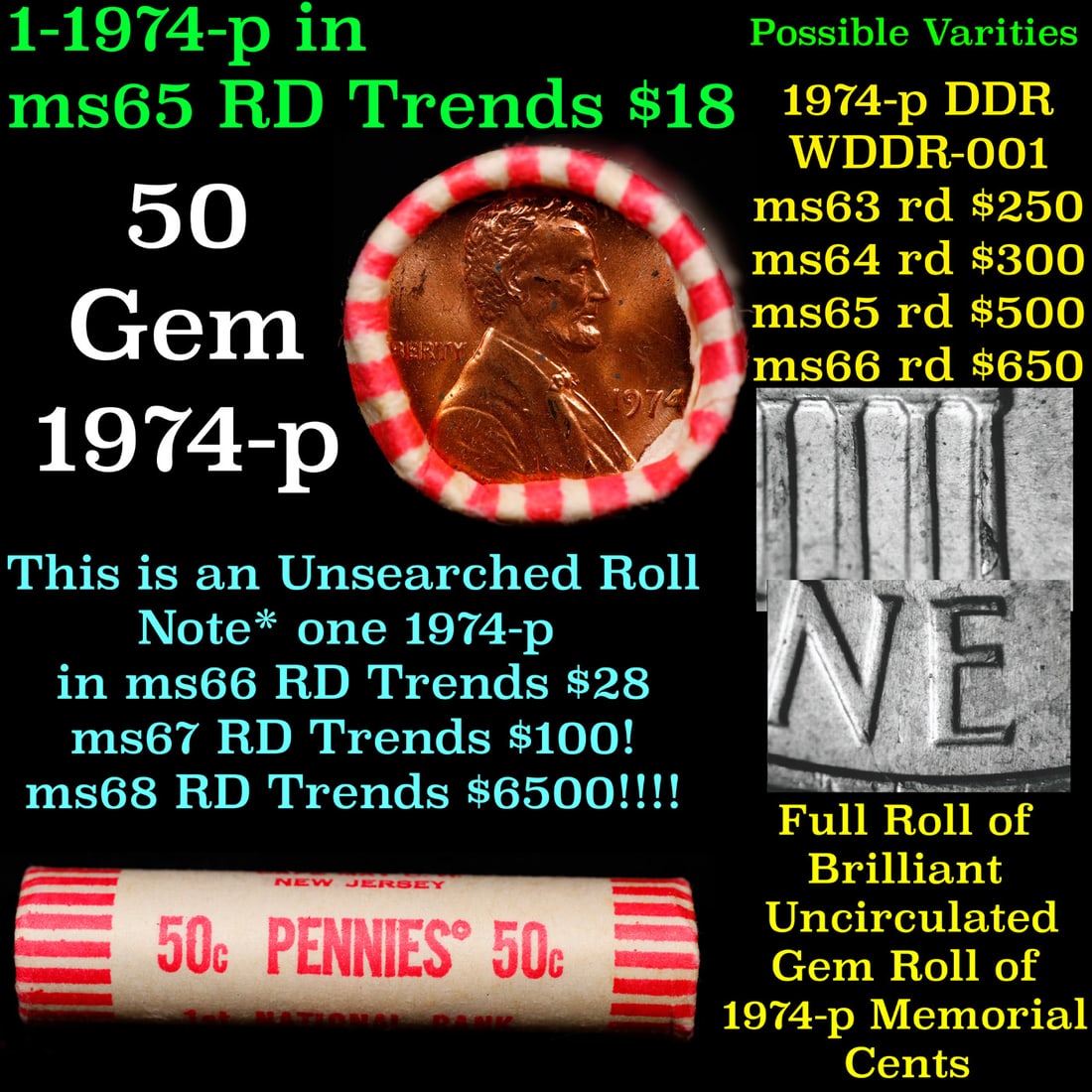 BU Shotgun Lincoln 1c roll, 1974-p 50 pcs Bank Wrapper 50c: BU Shotgun Lincoln 1c roll, 1974-p 50 pcs Bank Wrapper 50c. A terrific Shotgun roll of Lincoln cents in a Bank wrapper. Most if not all coins should be cherry red.