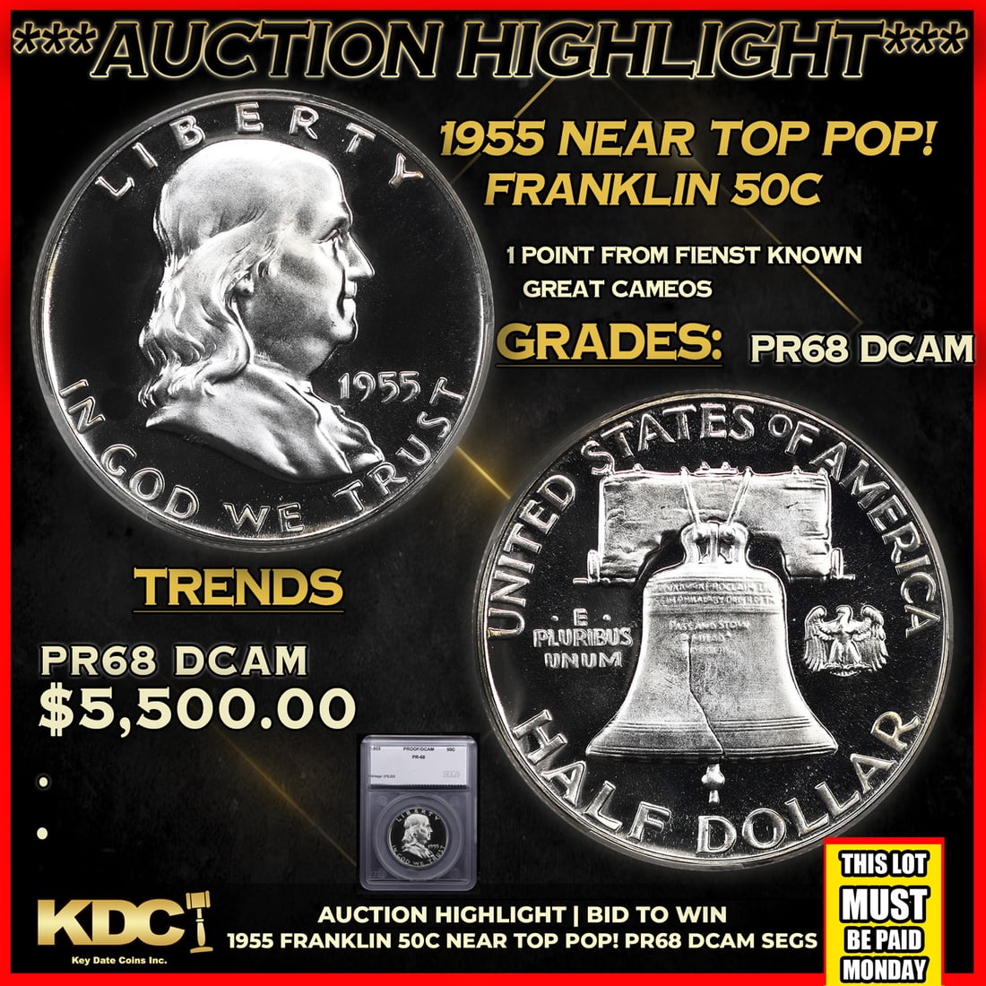 ***Major Highlight*** 1955 Proof Franklin Half Dollar Near Top Pop! 50c pr68 dcam SEGS (fc): ***Major Highlight*** 1955 Near Top Pop! Franklin Half Dollar 50c pr68 dcam SEGS. A Key Date's Pick, Bid to Win, Don't let it get Away, you might not find its equal Coin