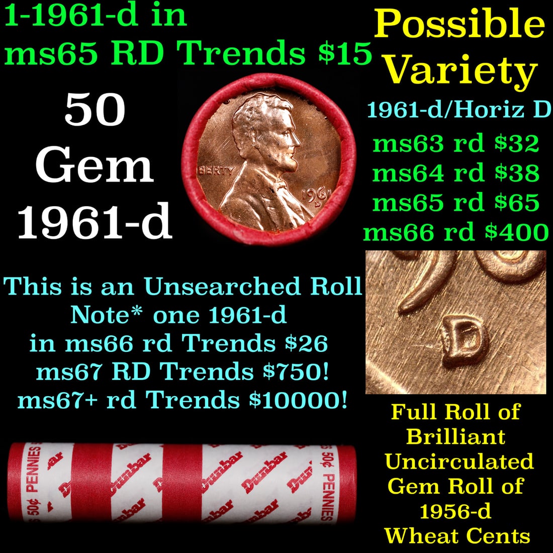 BU Shotgun Lincoln 1c roll, 1961-d 50 pcs Dunbar Wrapper 50c: BU Shotgun Lincoln 1c roll, 1961-d 50 pcs Dunbar Wrapper 50c. A terrific Shotgun roll of Lincoln cents in a Dunbar wrapper. Most if not all coins should be cherry red.