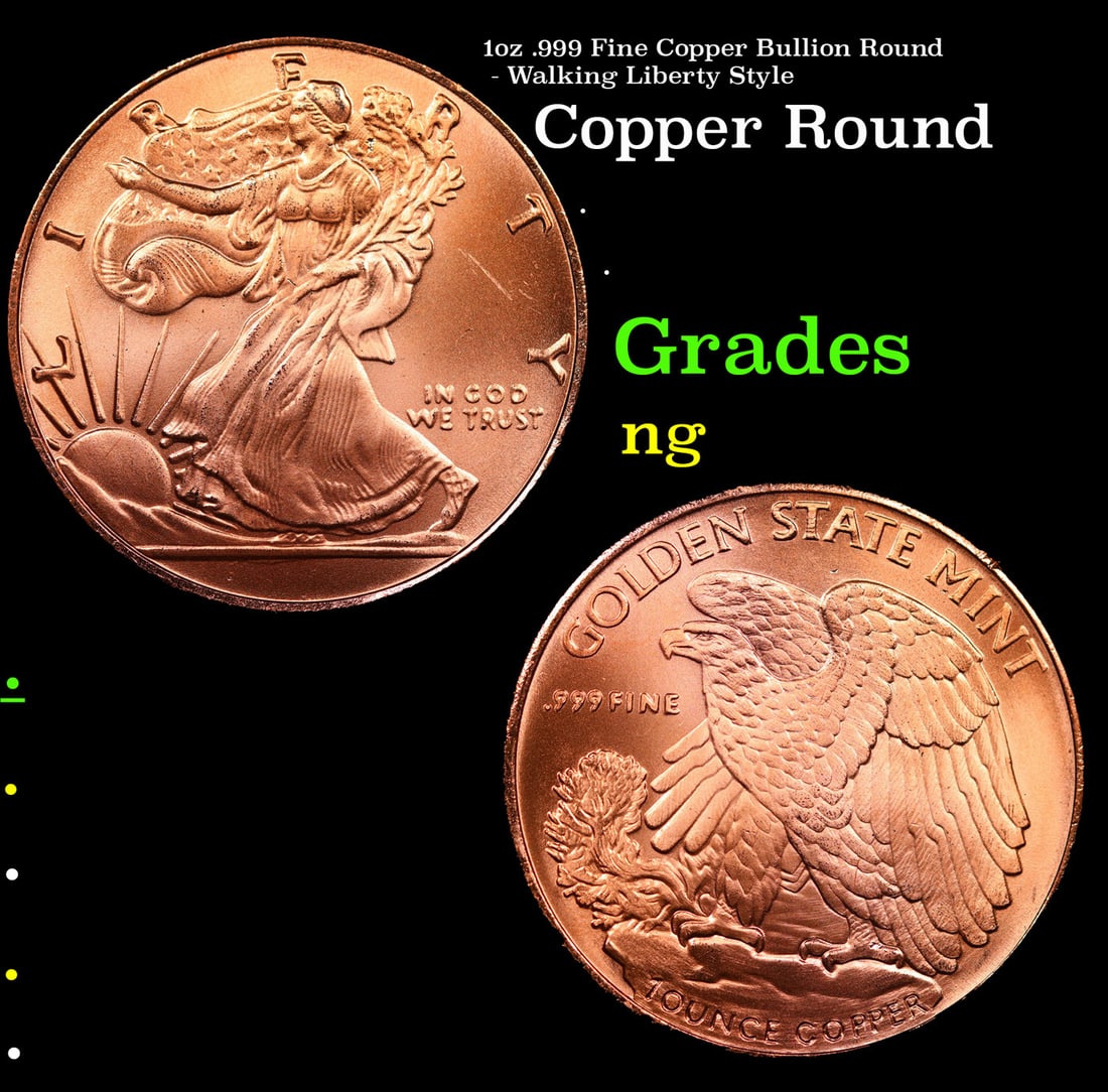 1oz .999 Fine Copper Bullion Round - Walking Liberty Style: 1oz .999 Fine Copper Bullion Round - Walking Liberty Style.