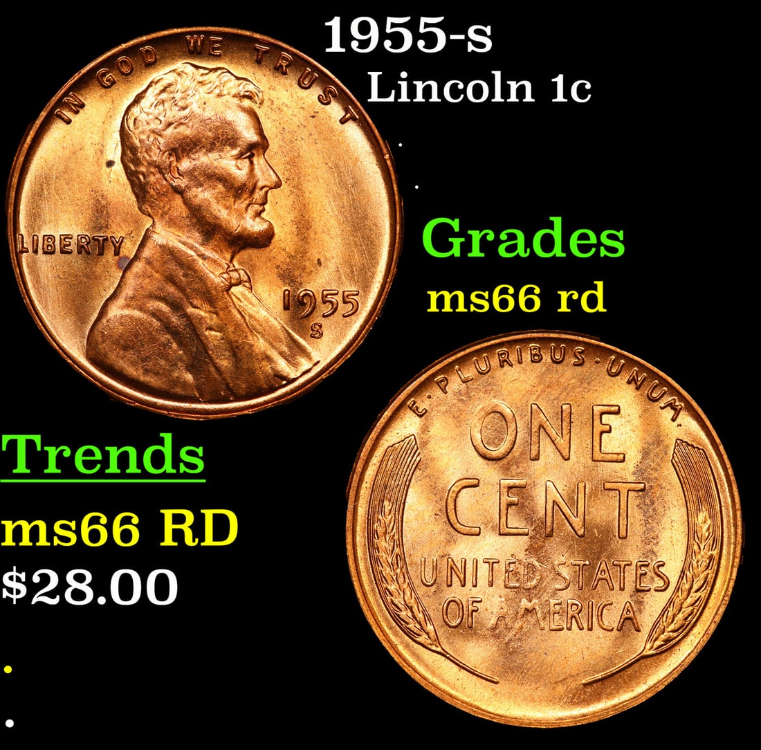 1955-s Lincoln Cent 1c Grades GEM+ Unc RD (1 of 3)