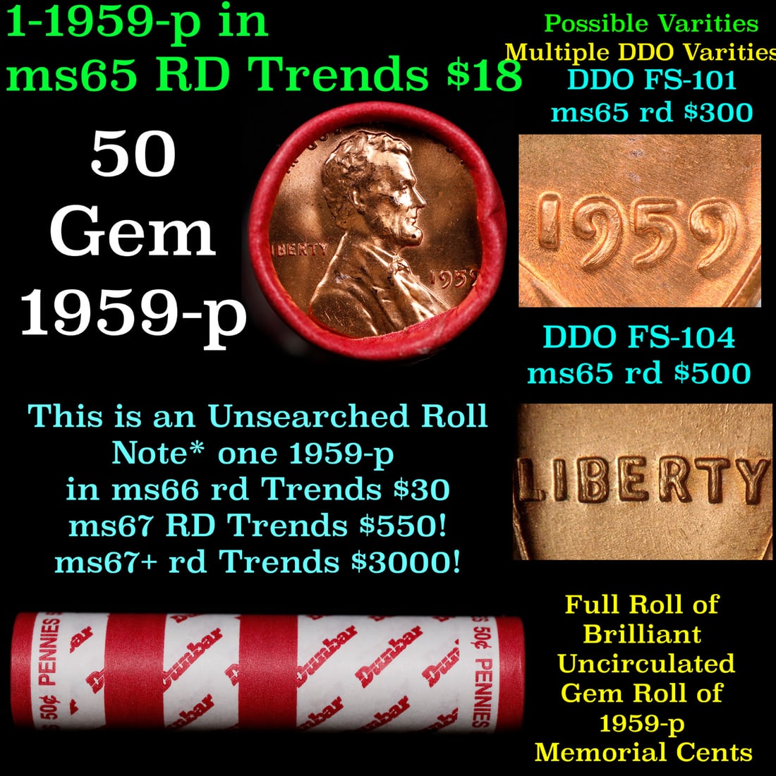 BU Shotgun Lincoln 1c roll, 1959-p 50 pcs Dunbar Wrapper 50c: BU Shotgun Lincoln 1c roll, 1959-p 50 pcs Dunbar Wrapper 50c. A terrific Shotgun roll of Lincoln cents in a Dunbar wrapper. Most if not all coins should be cherry red.
