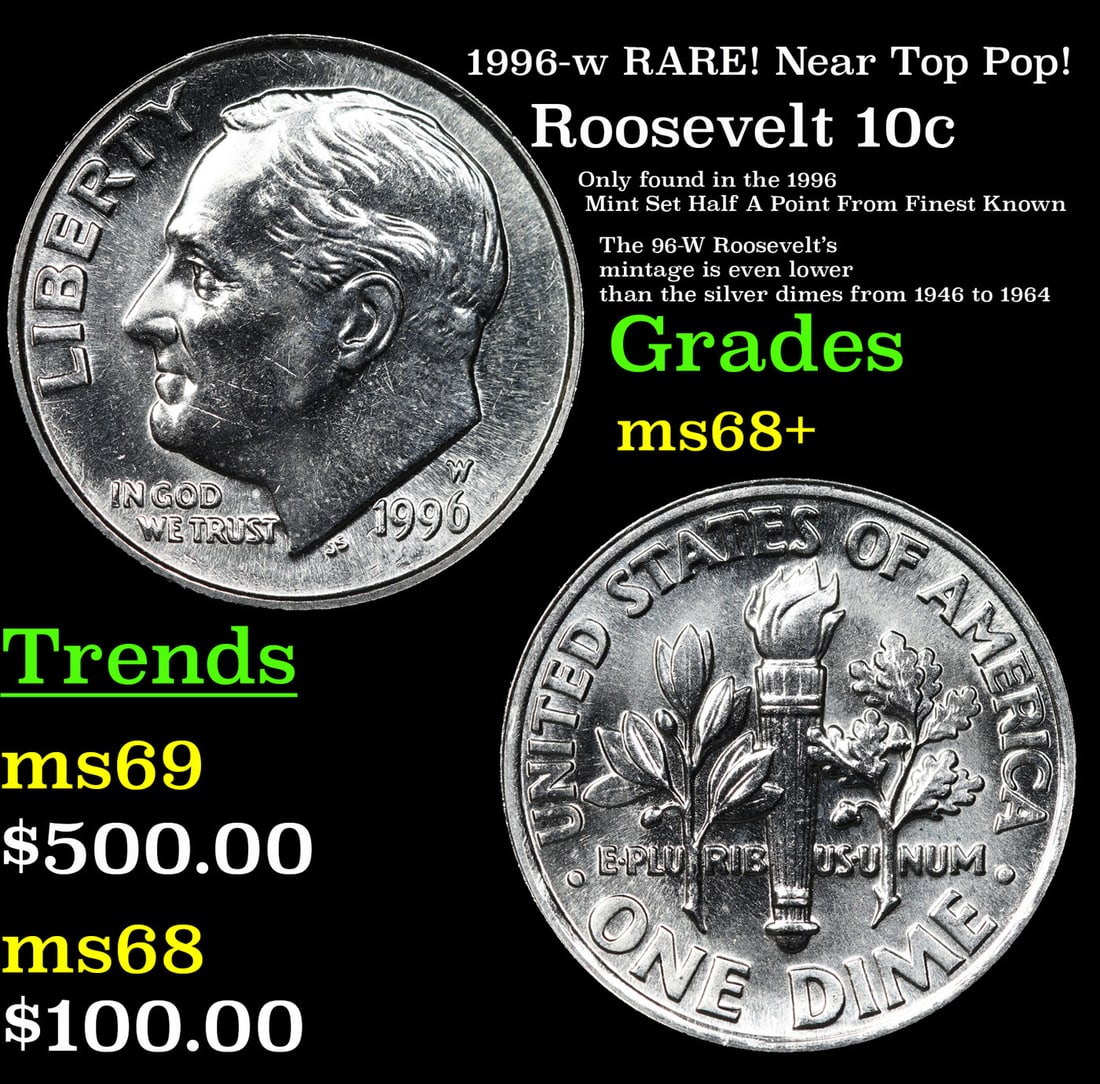 1996-w Roosevelt Dime RARE! Near Top Pop! 10c Graded ms68+ BY SEGS (1 of 3)