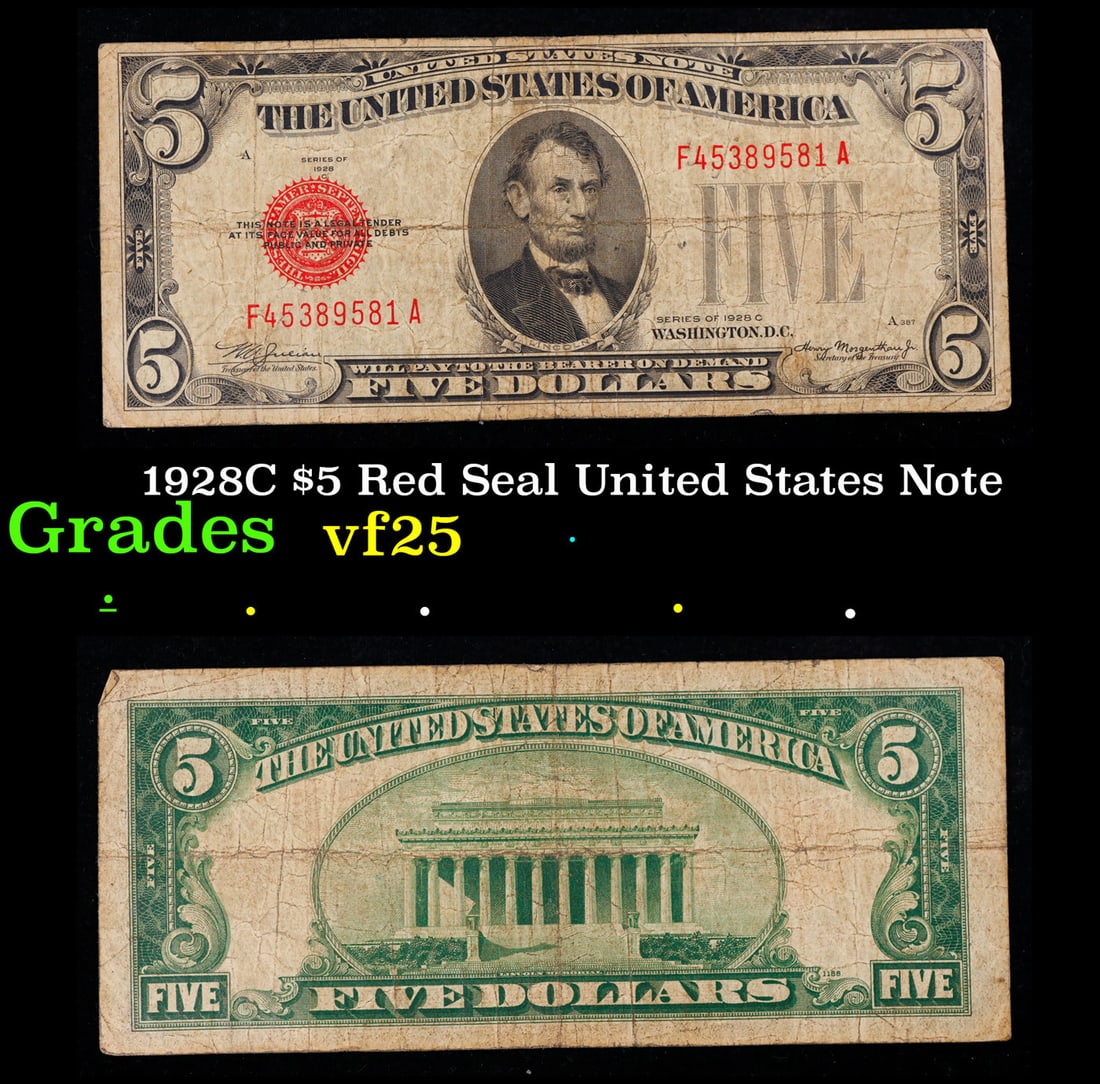 1928C $5 Red Seal United States Note Grades vf+ (1 of 3)