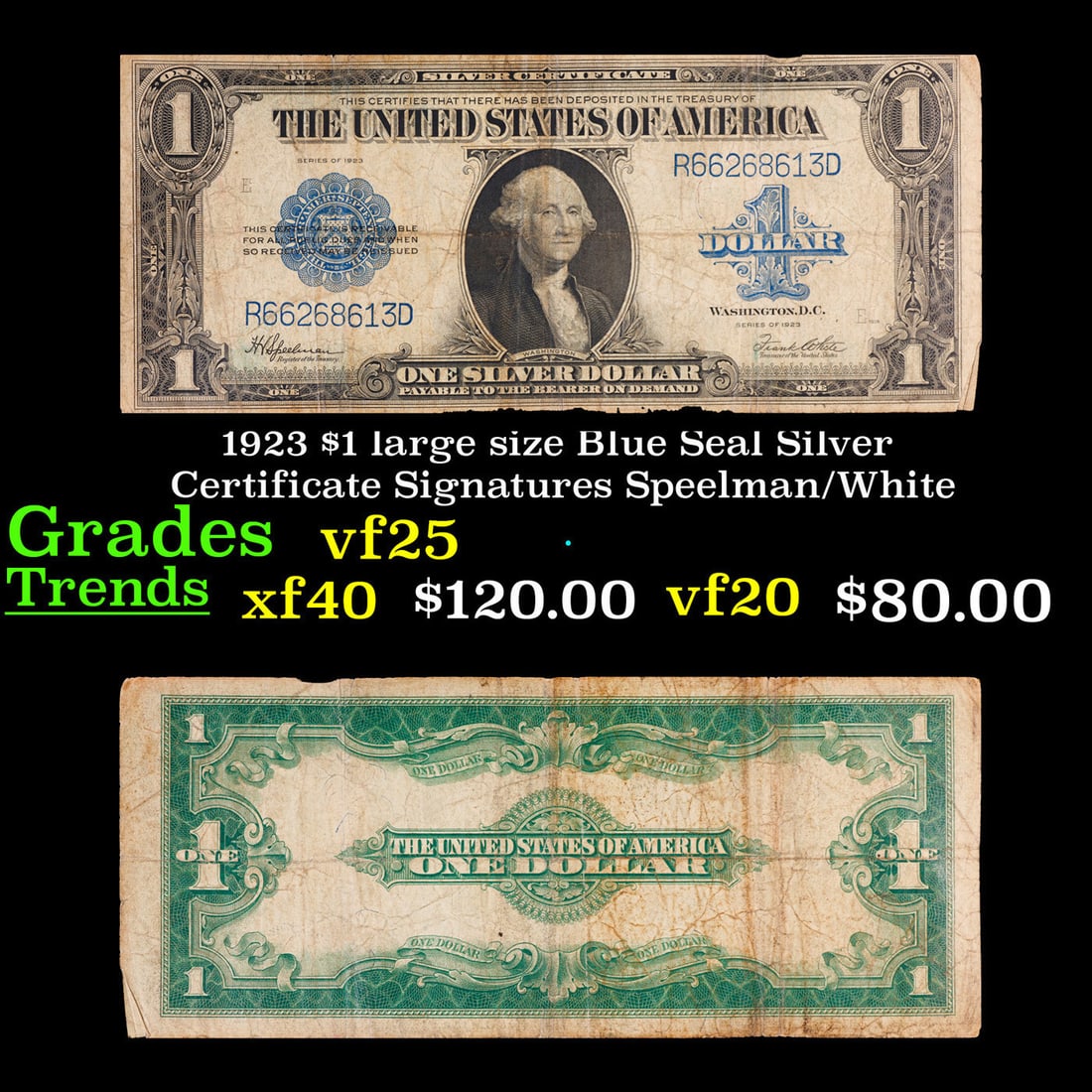 1923 $1 large size Blue Seal Silver Certificate Grades vf+ Signatures Speelman/White: 1923 $1 large size Blue Seal Silver Certificate Grades vf+ Signatures Speelman/White. Fr-237 The term “horse blanket” gets used a lot when talking about large size currency. It is most frequen