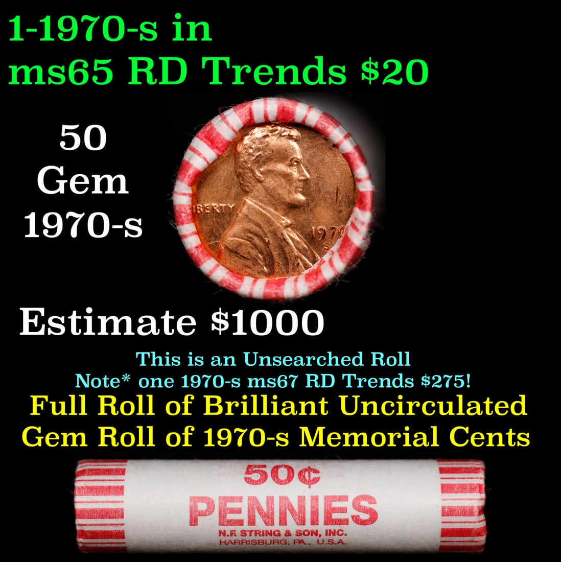 BU Shotgun Lincoln 1c roll, 1970-s 50 pcs Bank Wrapper 50c: BU Shotgun Lincoln 1c roll, 1970-s 50 pcs Bank Wrapper 50c. A terrific Shotgun roll of Lincoln cents in a Bank wrapper. Most if not all coins should be cherry red.