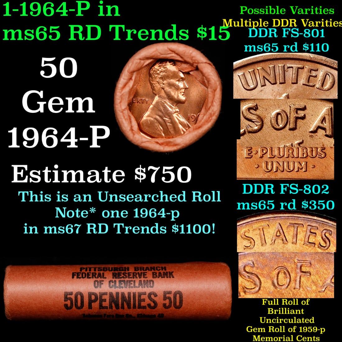 BU Shotgun Lincoln 1c roll, 1964-p 50 pcs Bank Wrapper 50c: BU Shotgun Lincoln 1c roll, 1964-p 50 pcs Bank Wrapper 50c. A terrific Shotgun roll of Lincoln cents in a Bank wrapper. Most if not all coins should be cherry red.