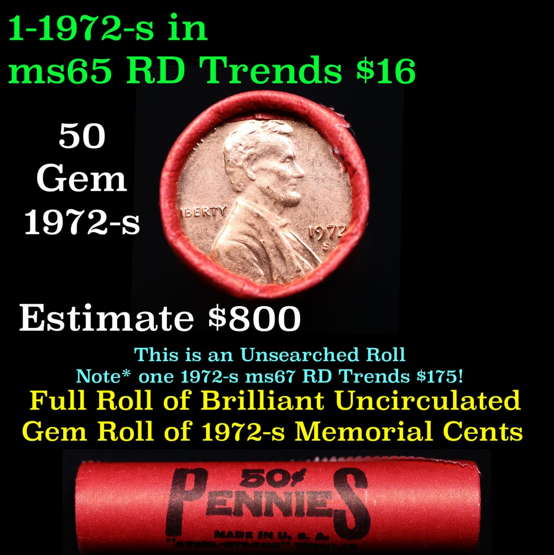 BU Shotgun Lincoln 1c roll, 1972-s 50 pcs Dunbar Wrapper 50c: BU Shotgun Lincoln 1c roll, 1972-s 50 pcs Dunbar Wrapper 50c. A terrific Shotgun roll of Lincoln cents in a Dunbar wrapper. Most if not all coins should be cherry red.