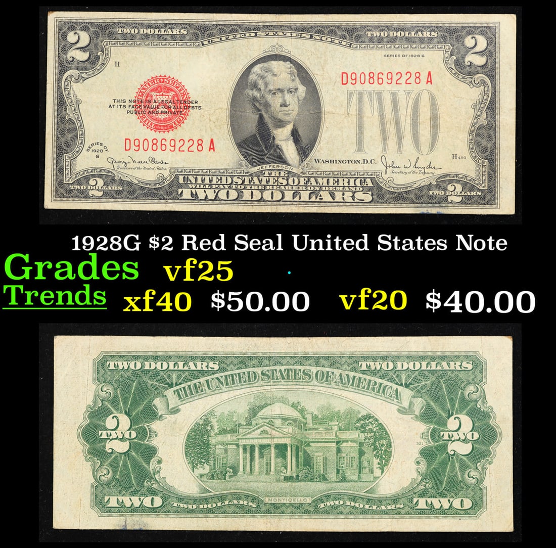 1928G $2 Red Seal United States Note Grades vf+ (1 of 3)