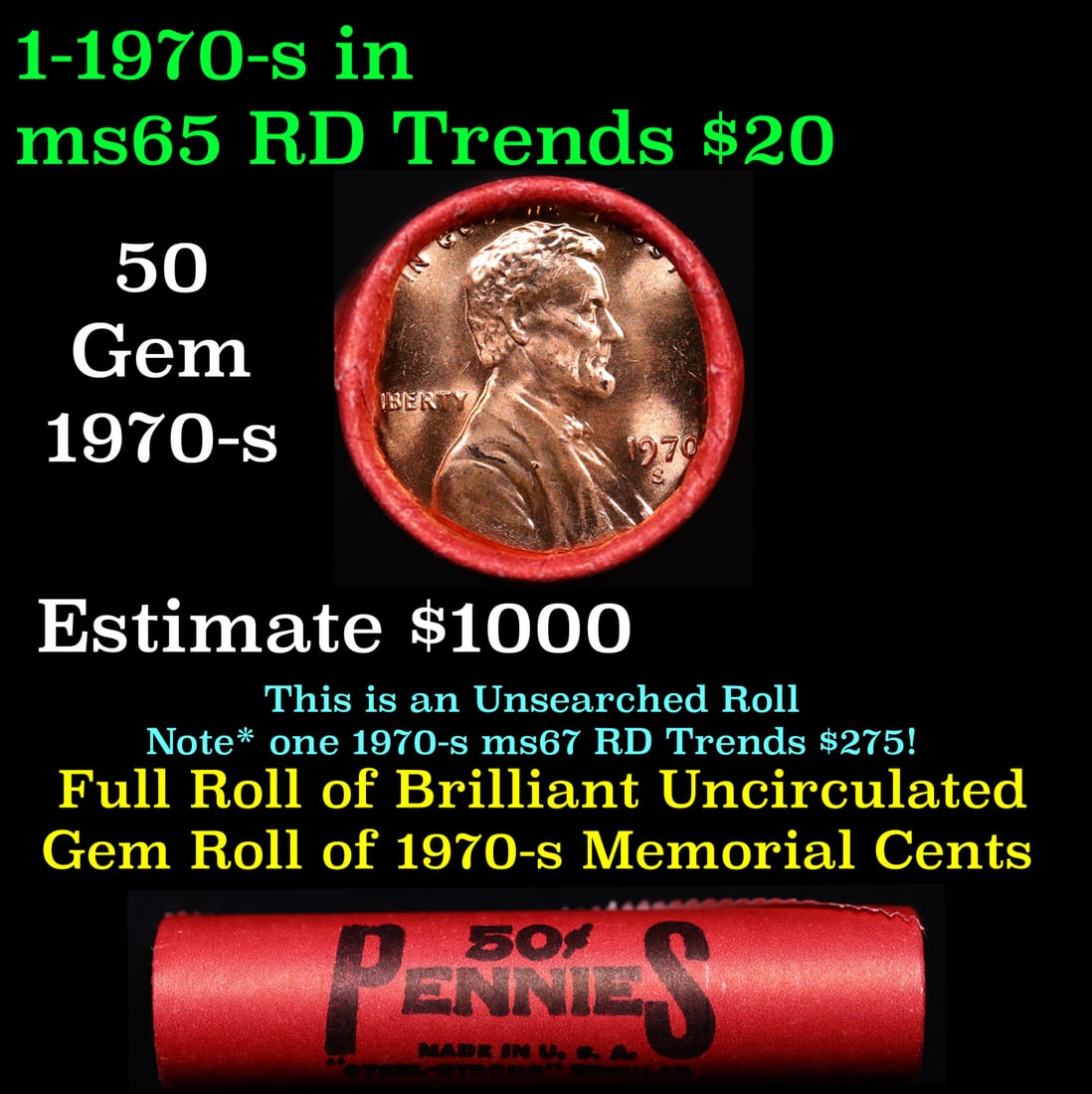 BU Shotgun Lincoln 1c roll, 1970-s 50 pcs Bank Wrapper 50c: BU Shotgun Lincoln 1c roll, 1970-s 50 pcs Bank Wrapper 50c. A terrific Shotgun roll of Lincoln cents in a Bank wrapper. Most if not all coins should be cherry red.