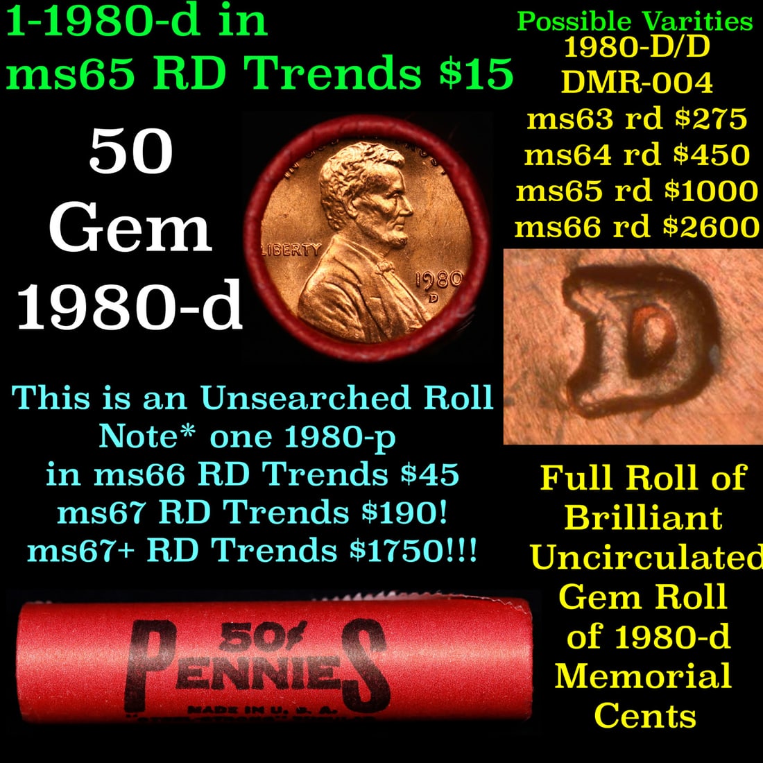 BU Shotgun Lincoln 1c roll, 1980-d 50 pcs Bank Wrapper 50c: BU Shotgun Lincoln 1c roll, 1980-d 50 pcs Bank Wrapper 50c. A terrific Shotgun roll of Lincoln cents in a Bank wrapper. Most if not all coins should be cherry red.