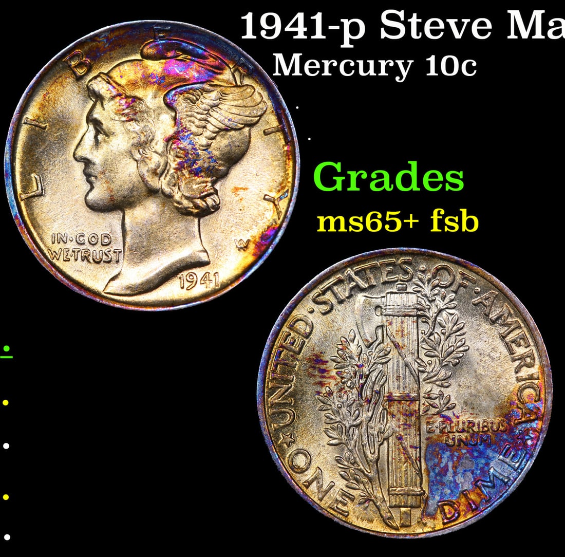 1941-p Mercury Dime Steve Martin Collection Rainbow Toned 10c Grades GEM+ FSB (1 of 3)