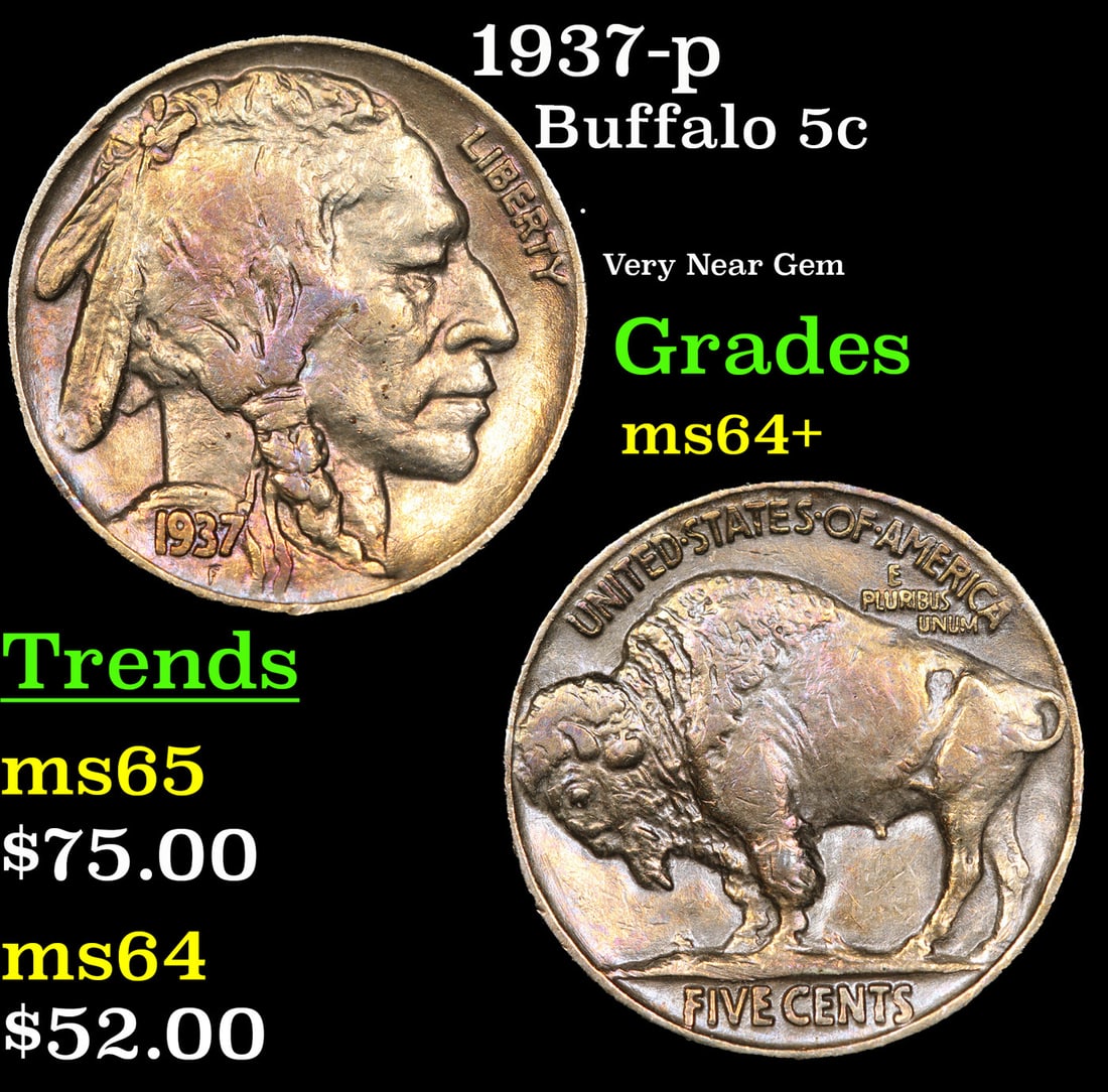 1937-p Buffalo Nickel 5c Grades Choice+ Unc (1 of 3)
