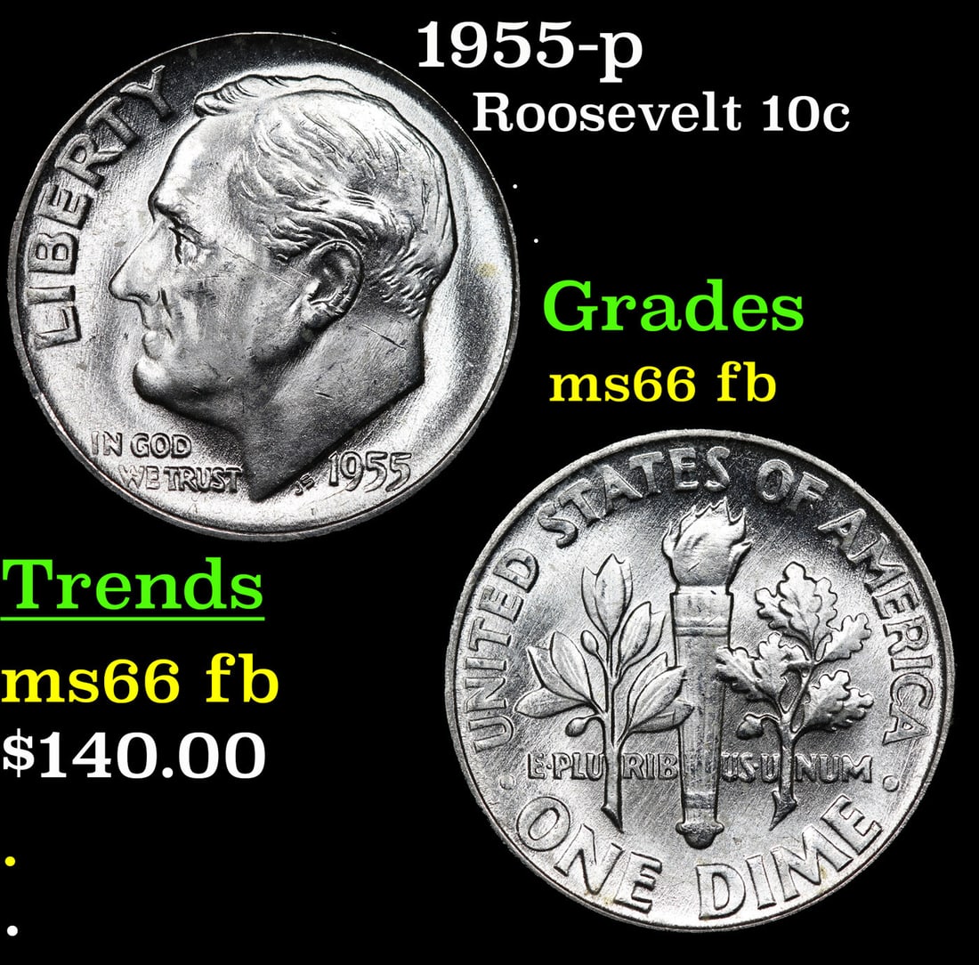 1955-p Roosevelt Dime 10c Grades Gem++ Full Bands (1 of 3)