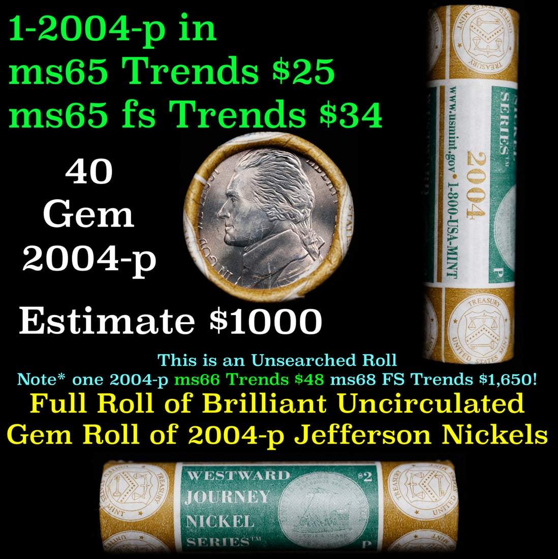 BU Shotgun Jefferson 5c roll, 2004-p 40 pcs Bank $2 Nickel Wrapper: BU Shotgun Jefferson 5c roll, 2004-p 40 pcs Bank $2 Nickel Wrapper.