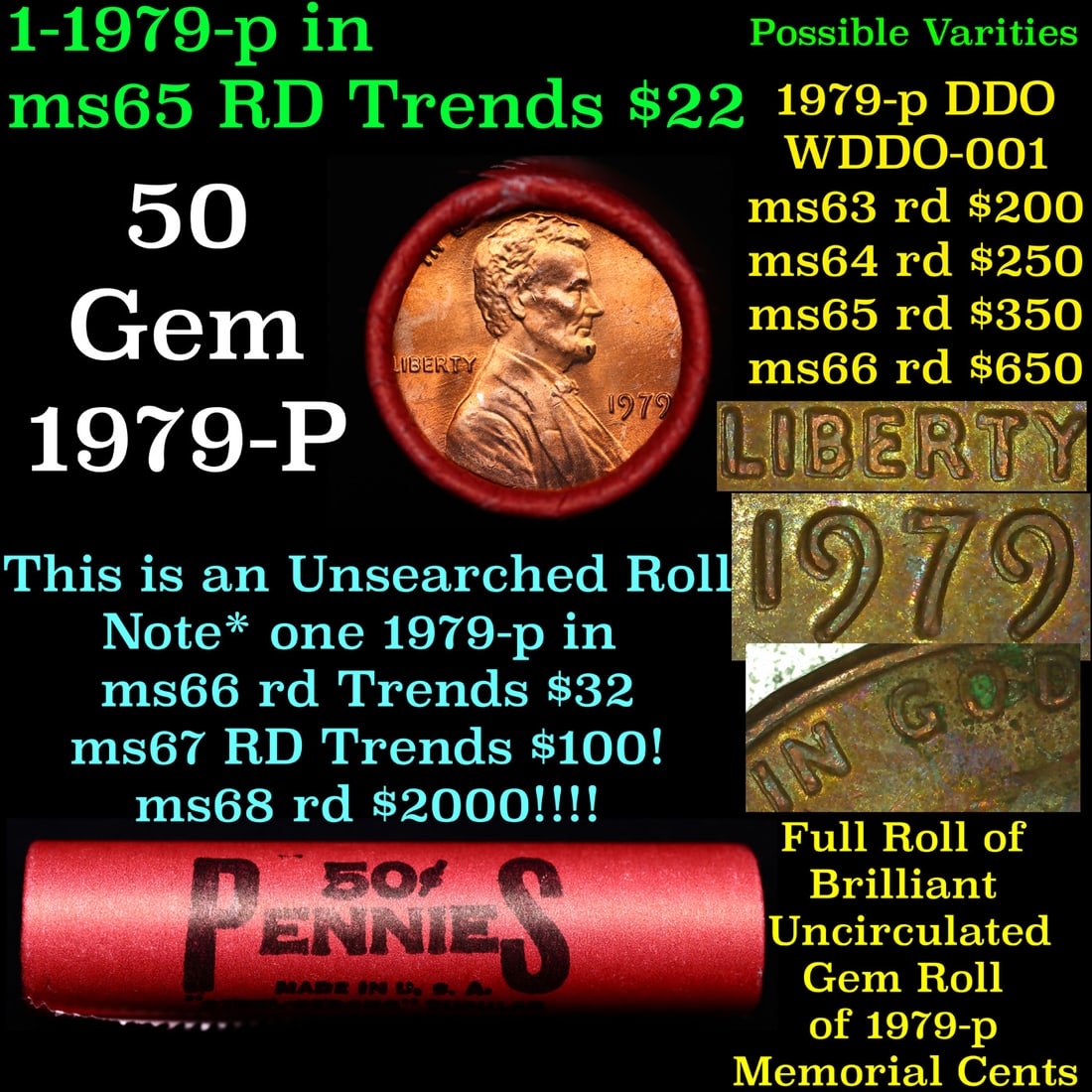 BU Shotgun Lincoln 1c roll, 1979-p 50 pcs Bank Wrapper 50c: BU Shotgun Lincoln 1c roll, 1979-p 50 pcs Bank Wrapper 50c. A terrific Shotgun roll of Lincoln cents in a Bank wrapper. Most if not all coins should be cherry red.