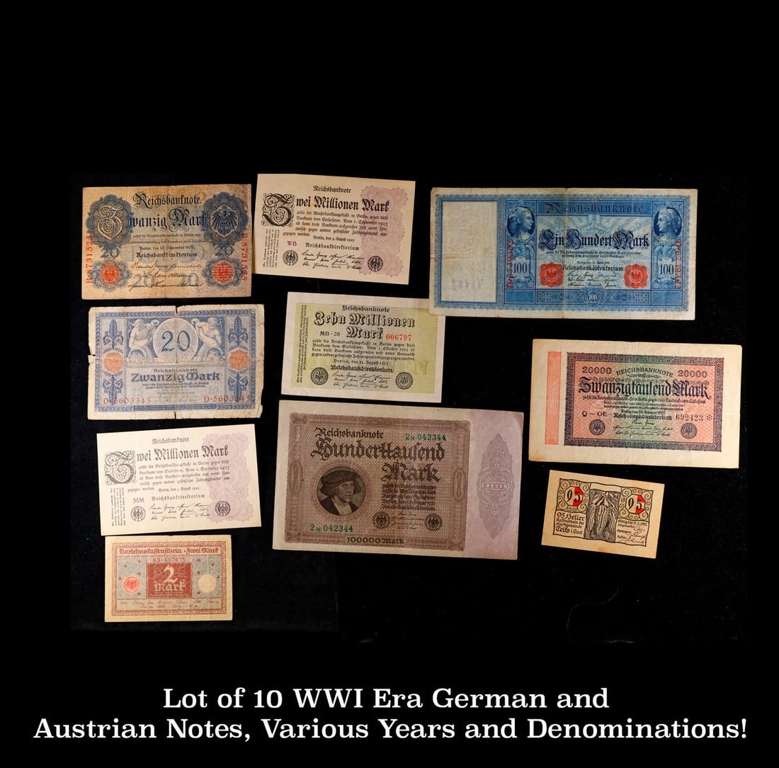 Lot of 10 WWI Era German and Austrian Notes, Various Years and Denominations! Grades (1 of 3)