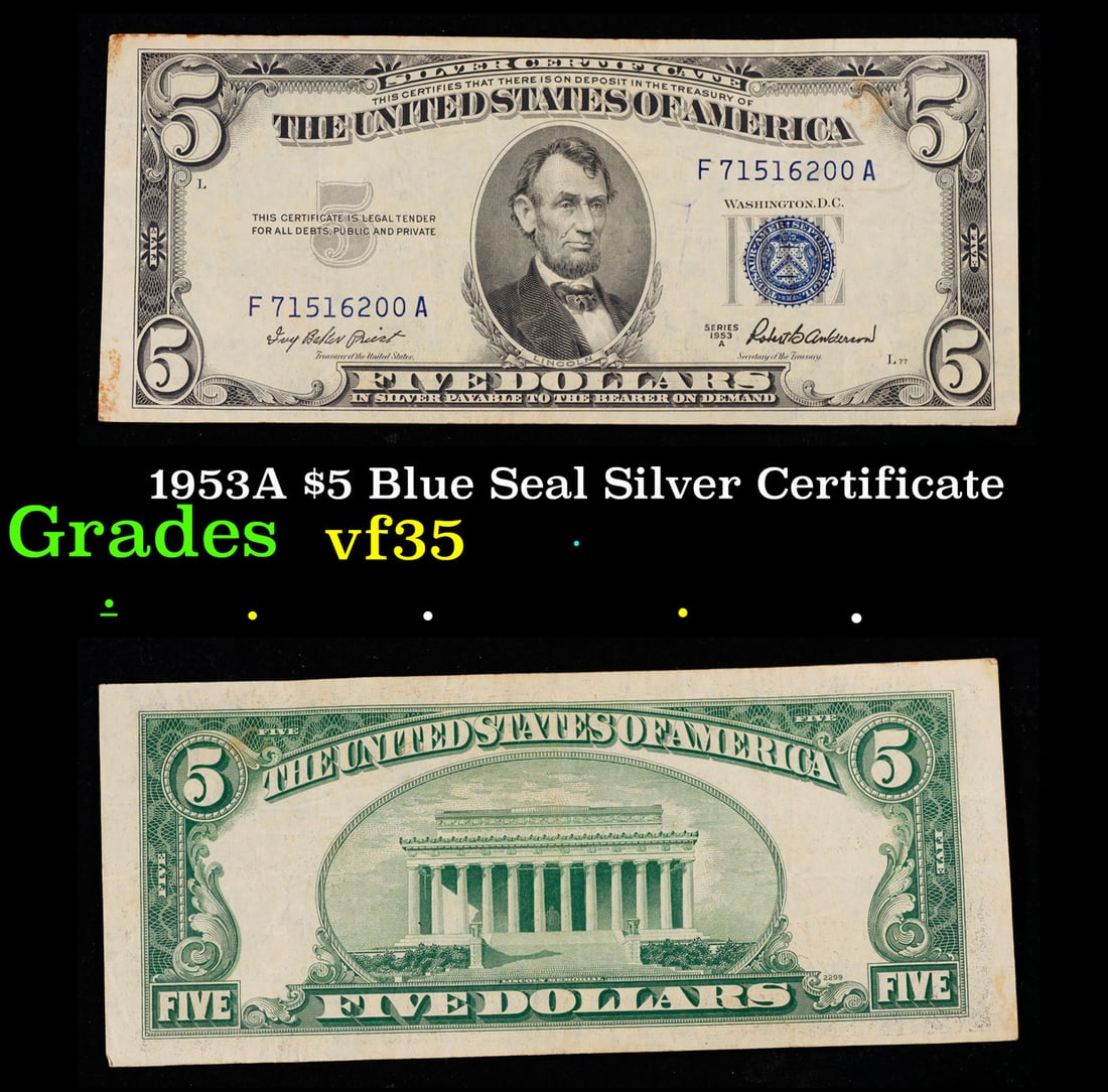 1953A $5 Blue Seal Silver Certificate Grades vf++ (1 of 3)