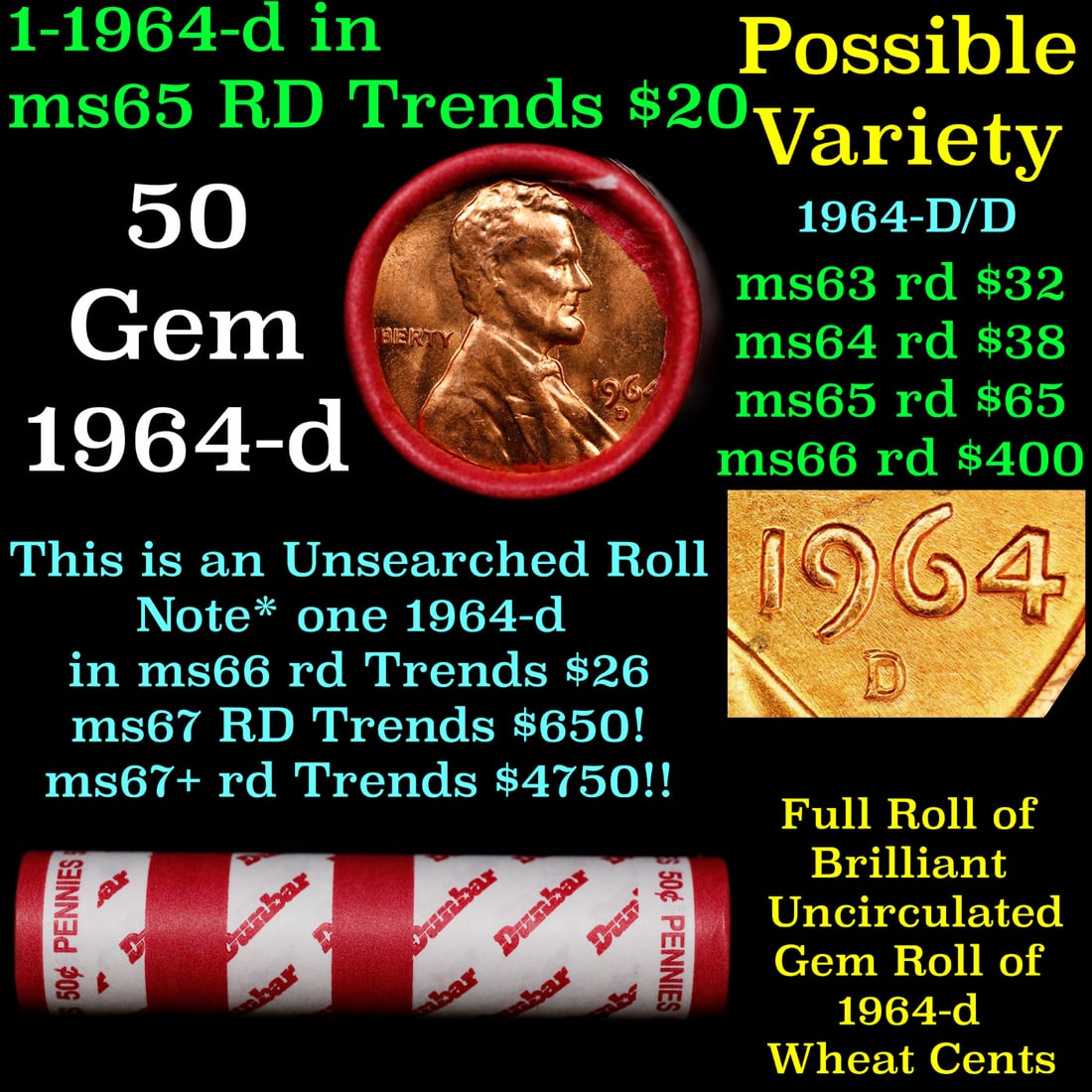 BU Shotgun Lincoln 1c roll, 1964-d 50 pcs Dunbar Wrapper 50c: BU Shotgun Lincoln 1c roll, 1964-d 50 pcs Dunbar Wrapper 50c. A terrific Shotgun roll of Lincoln cents in a Dunbar wrapper. Most if not all coins should be cherry red.