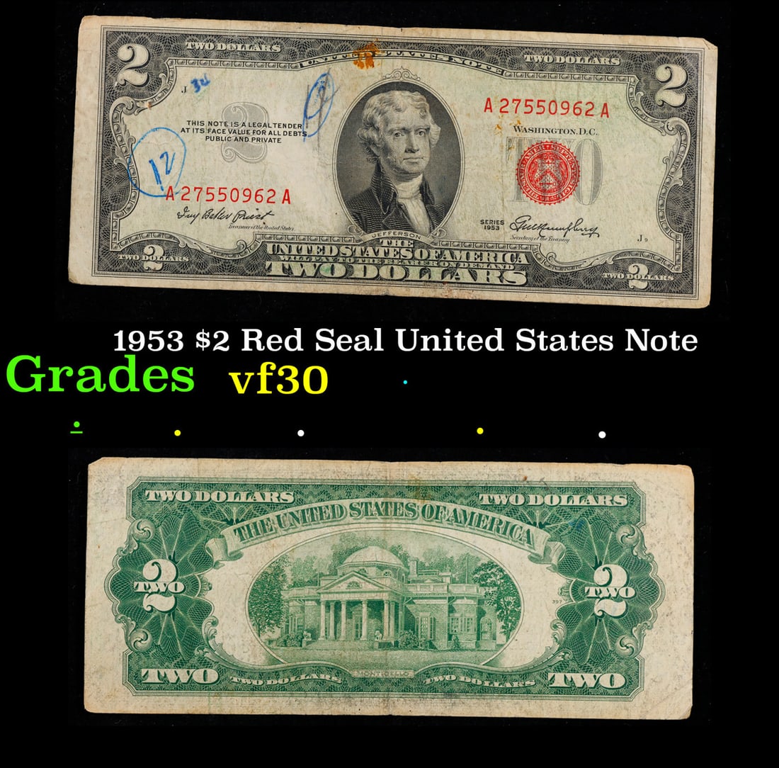 1953 $2 Red Seal United States Note Grades vf++: 1953 $2 Red Seal United States Note Grades vf++. 1953 red print two dollar bills can be broke up into four different types by signature combination; 1953 – Ivy Baker Priest (Treasurer of The United