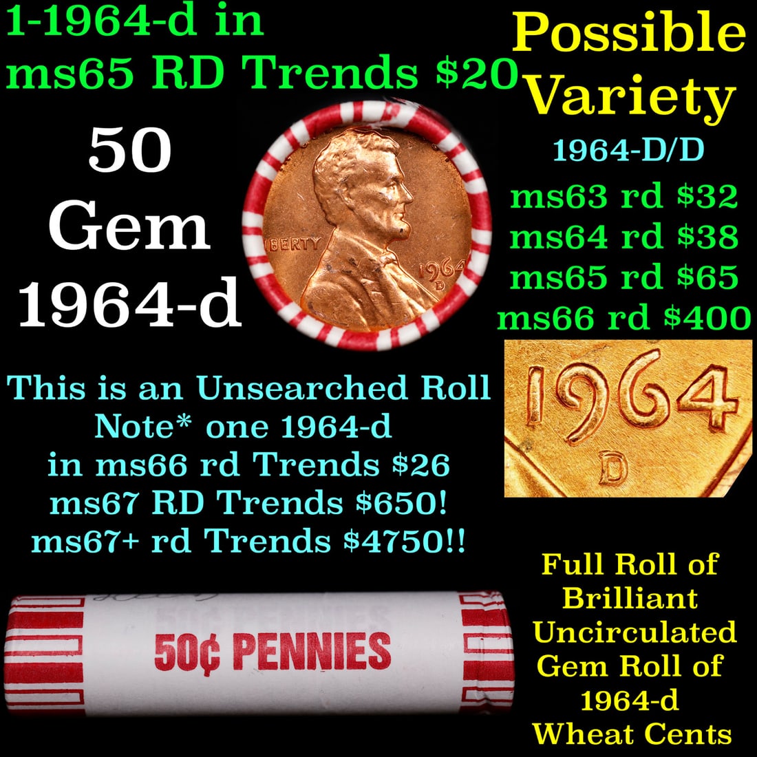 BU Shotgun Lincoln 1c roll, 1964-d 50 pcs Bank Wrapper 50c: BU Shotgun Lincoln 1c roll, 1964-d 50 pcs Bank Wrapper 50c. A terrific Shotgun roll of Lincoln cents in a Bank wrapper. Most if not all coins should be cherry red.