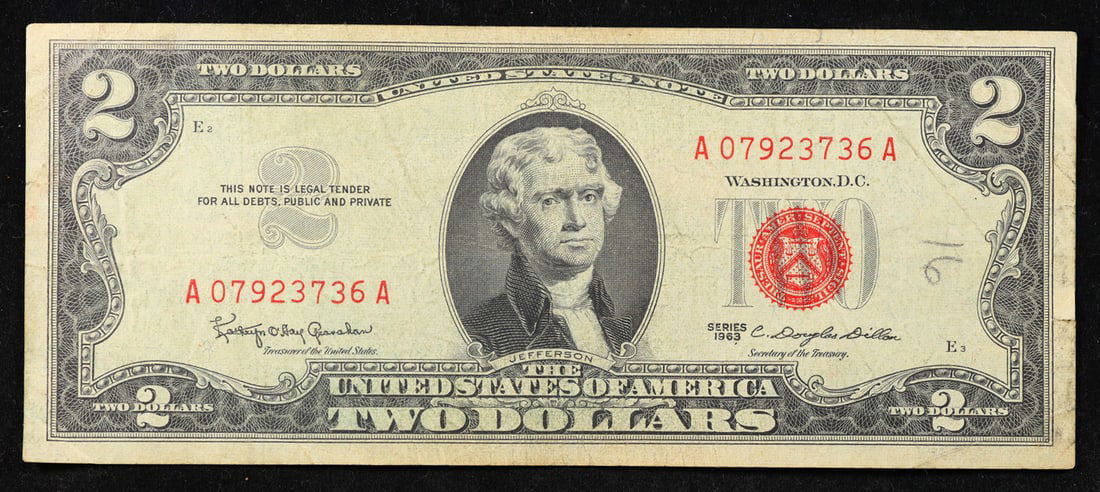 1963 $2 Red Seal United States Note Grades vf++: 1963 $2 Red Seal United States Note Grades vf++. 1963 Legal Tender (United States Note). 1963 marks the last year that red seals were printed on two dollar bills. This is also the last year that Monti