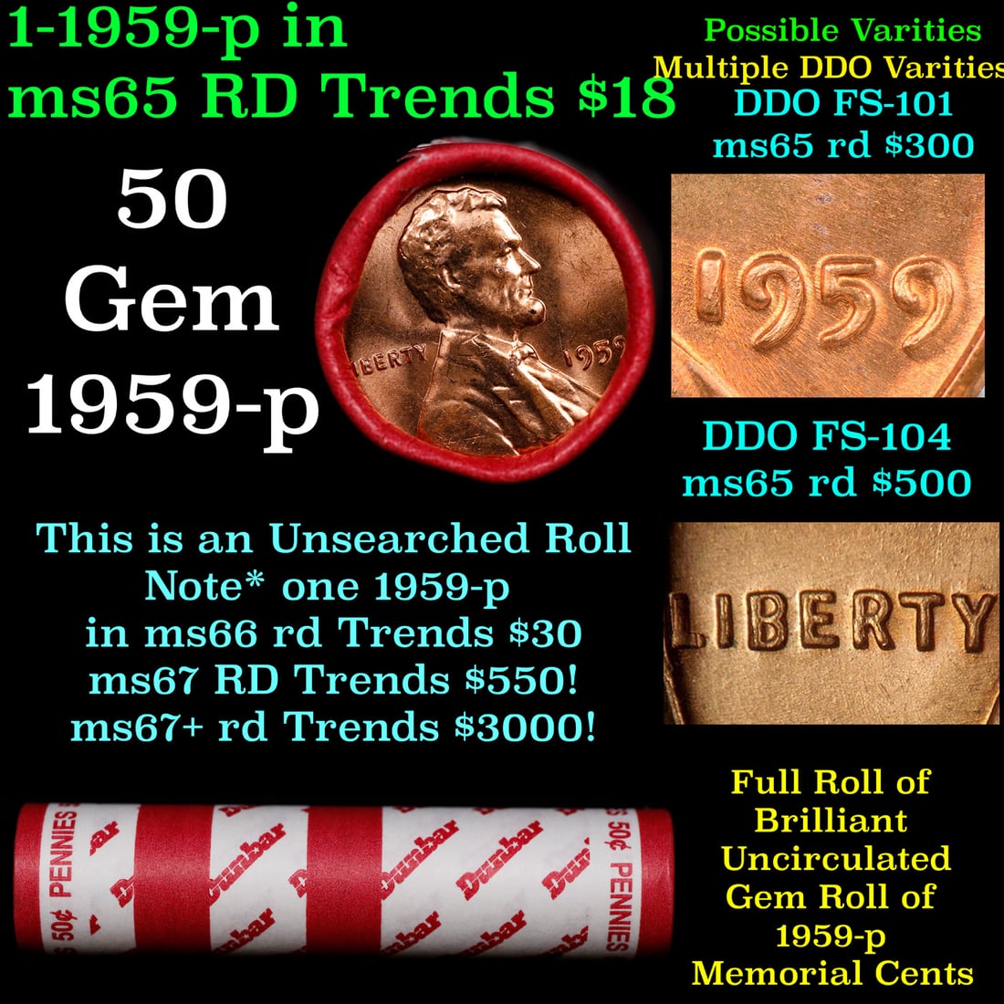 BU Shotgun Lincoln 1c roll, 1959-p 50 pcs Dunbar Wrapper 50c: BU Shotgun Lincoln 1c roll, 1959-p 50 pcs Dunbar Wrapper 50c. A terrific Shotgun roll of Lincoln cents in a Dunbar wrapper. Most if not all coins should be cherry red.