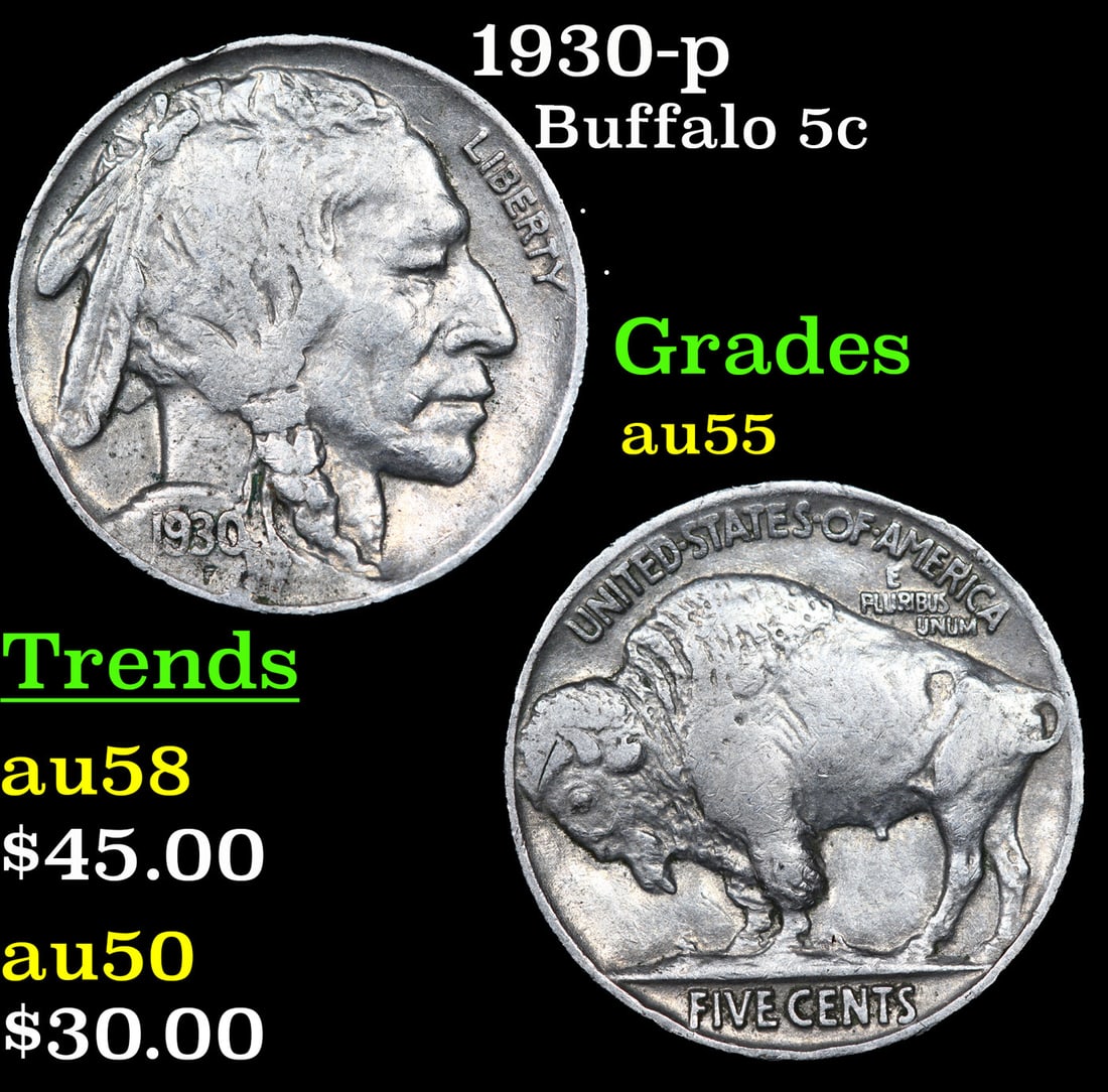 1930-p Buffalo Nickel 5c Grades Choice AU (1 of 3)