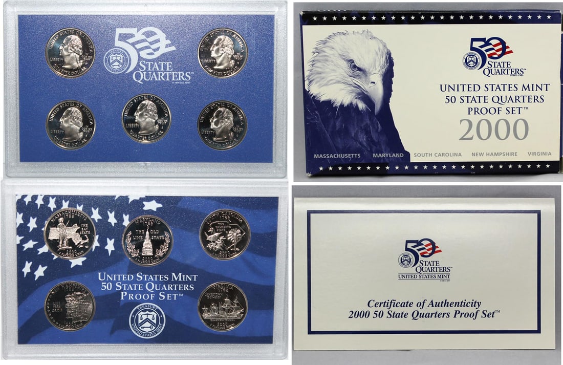 2000 United States Mint Proof Quarter Set 5 pc set: 2000 United States Mint Proof Quarter Set 5 pc set . This lot is for a 2000 State Quarters set. The set contains the 5 proof state quarters for 2000, Massachusetts, Maryland, South Carolina, New Hamps