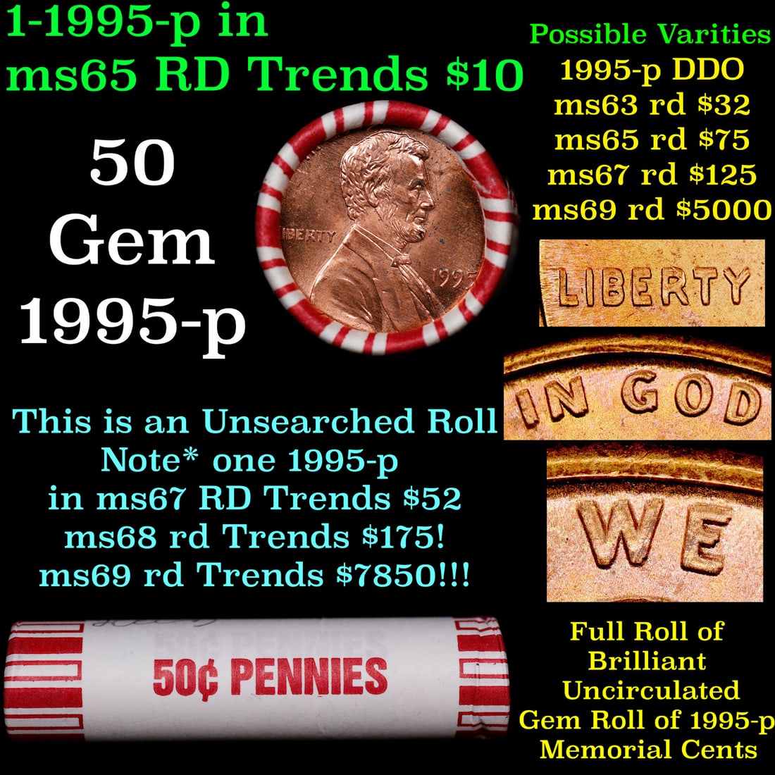 BU Shotgun Lincoln 1c roll, 1995-p 50 pcs Bank Wrapper 50c: BU Shotgun Lincoln 1c roll, 1995-p 50 pcs Bank Wrapper 50c. A terrific Shotgun roll of Lincoln cents in a Bank wrapper. Most if not all coins should be cherry red.