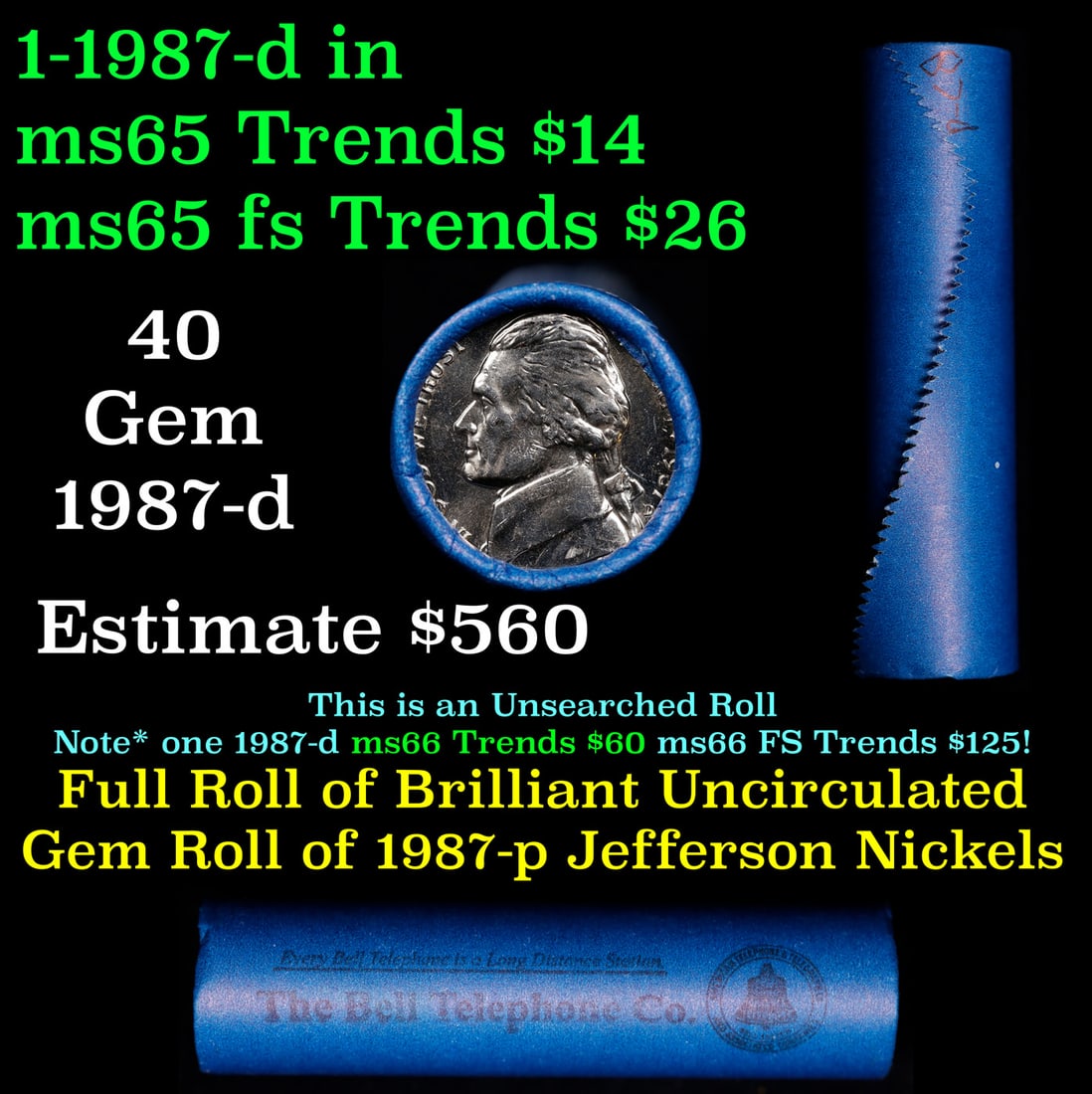 BU Shotgun Jefferson 5c roll, 1987-d 40 pcs Bell Telephone Company $2 Nickel Wrapper: BU Shotgun Jefferson 5c roll, 1987-d 40 pcs Bell Telephone Company $2 Nickel Wrapper.