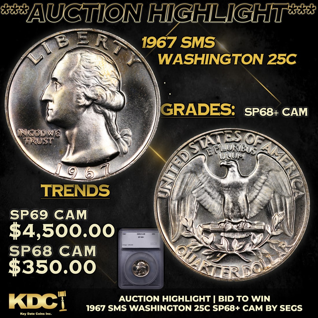 ***Auction Highlight*** 1967 SMS Washington Quarter 25c Graded sp68+ cam By SEGS (fc) (1 of 5)