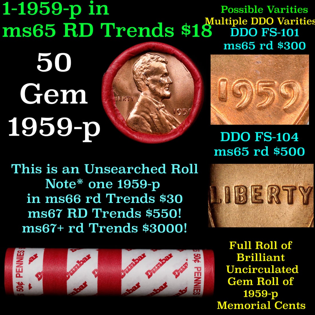 BU Shotgun Lincoln 1c roll, 1959-p 50 pcs Dunbar Wrapper 50c: BU Shotgun Lincoln 1c roll, 1959-p 50 pcs Dunbar Wrapper 50c. A terrific Shotgun roll of Lincoln cents in a Dunbar wrapper. Most if not all coins should be cherry red.