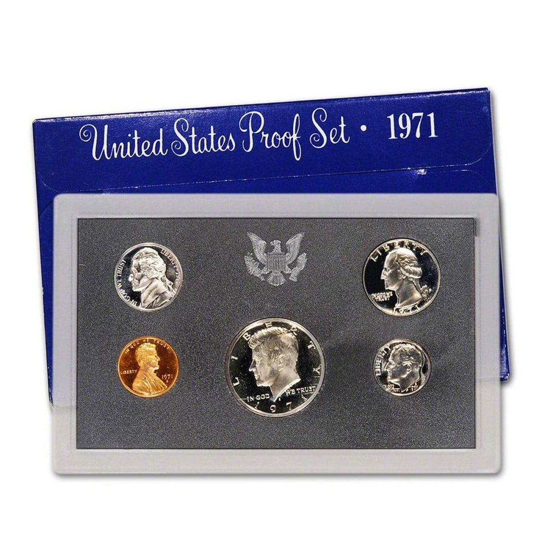 1971 United States Mint Proof Set 5 coins: 1971 United States Mint Proof Set 5 coins . Includes 5 Proof Coins Including a Kennedy Half Dollar. All 5 are Cameo Proof coins in the original mint packaging.