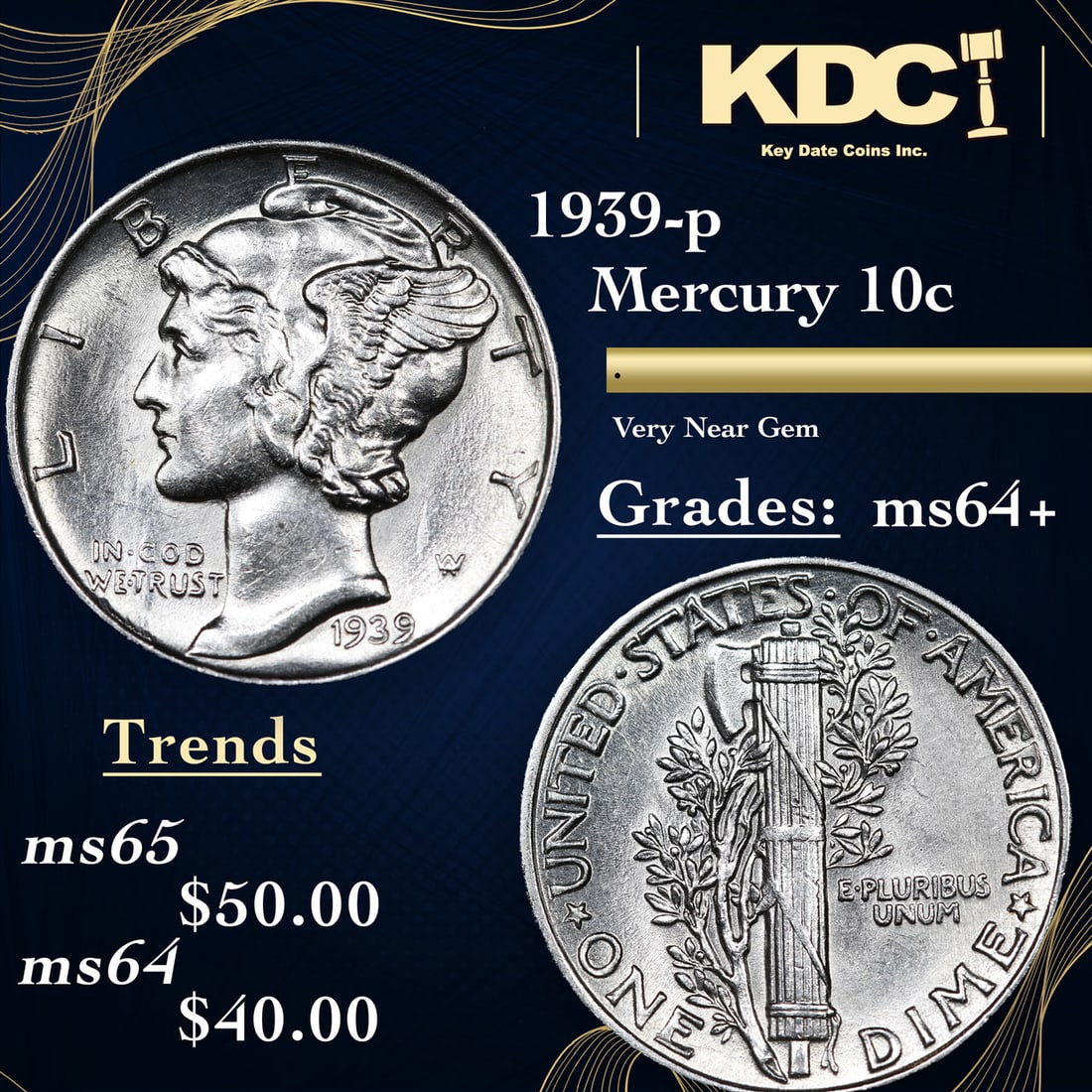 1939-p Mercury Dime 10c Grades Choice+ Unc (1 of 3)