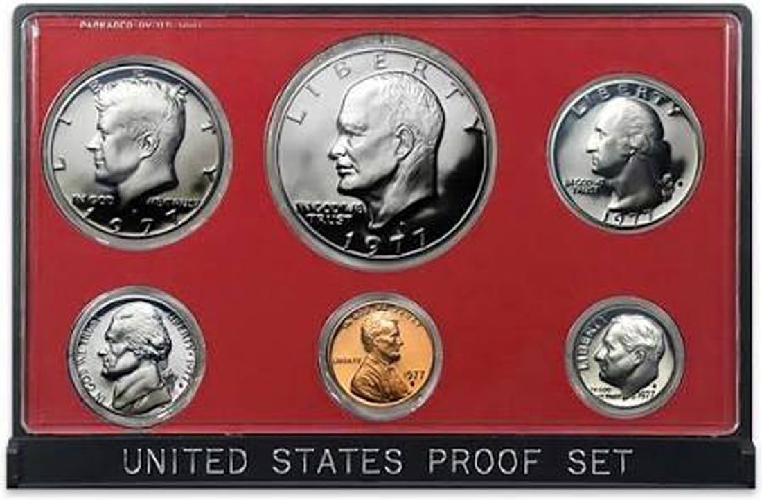 1977 United States Mint Proof Sets 6 coins No Outer Box: 1977 United States Mint Proof Sets 6 coins No Outer Box. contains 6 coins, Eisenhower Dollar, Kennedy Half Dollar, Washington Quarter, Roosevelt Dime, Jefferson Nickel, and Lincoln Centt. Each coin wa
