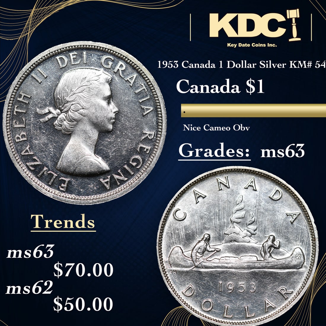 1953 Canada 1 Dollar Silver Canada Dollar KM# 54 1 Grades Select Unc (1 of 3)