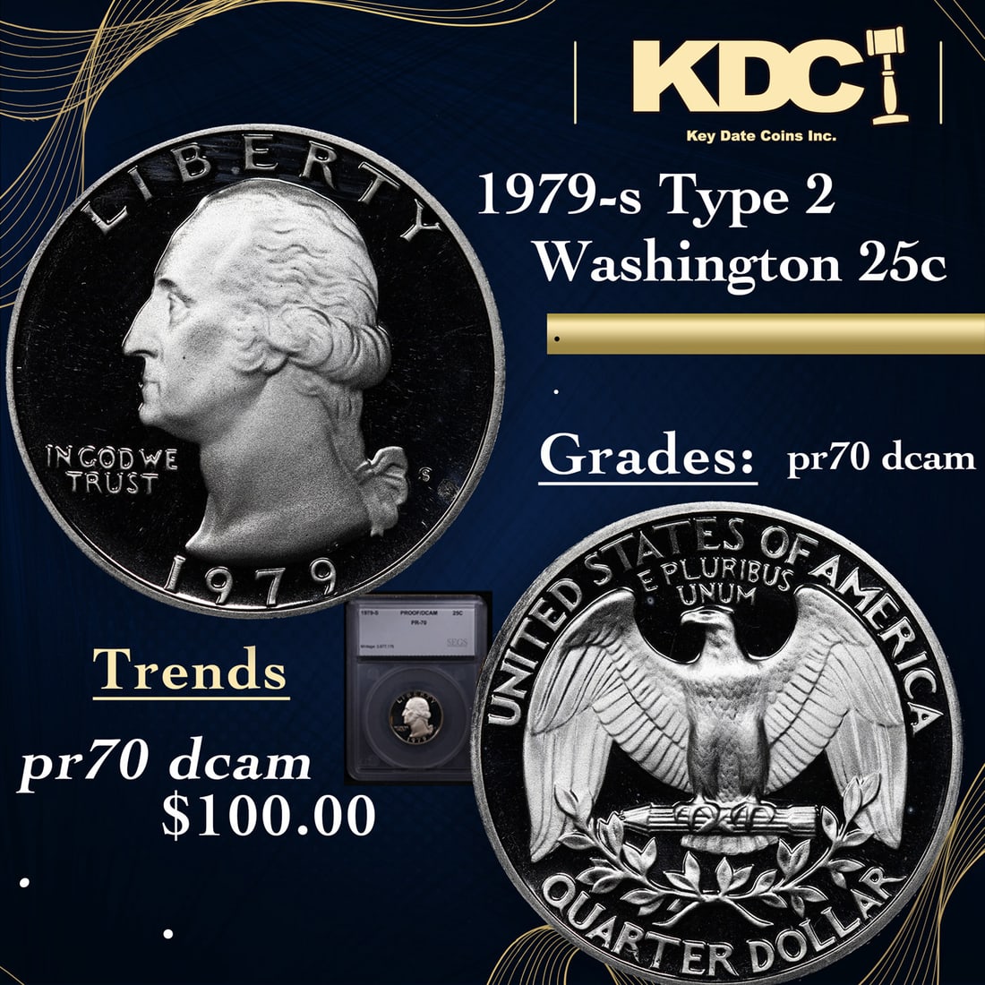1979-s Type 2 Proof Washington Quarter 25c Graded pr70 dcam By SEGS (1 of 5)